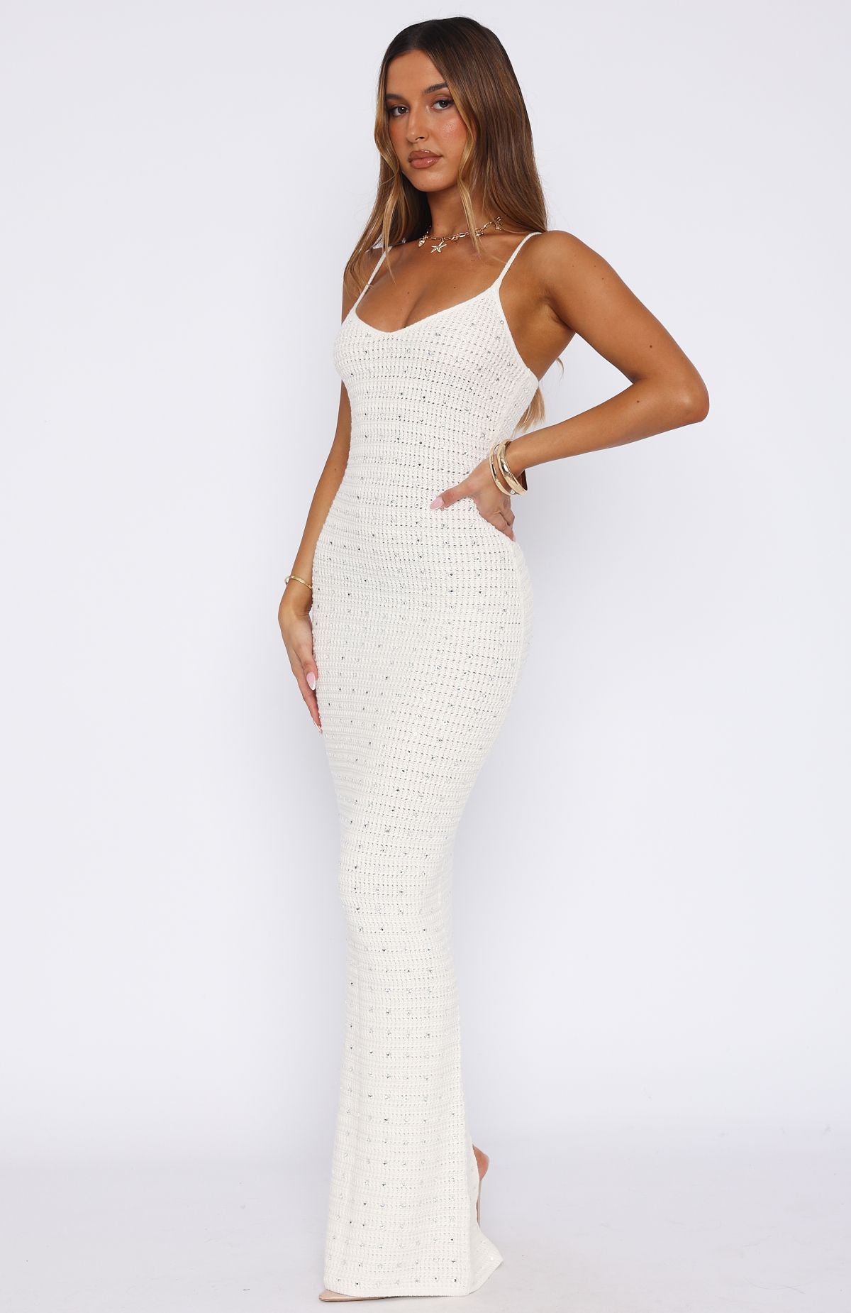 Embellished Crochet Maxi Dress in Off White - Gotta Give Me