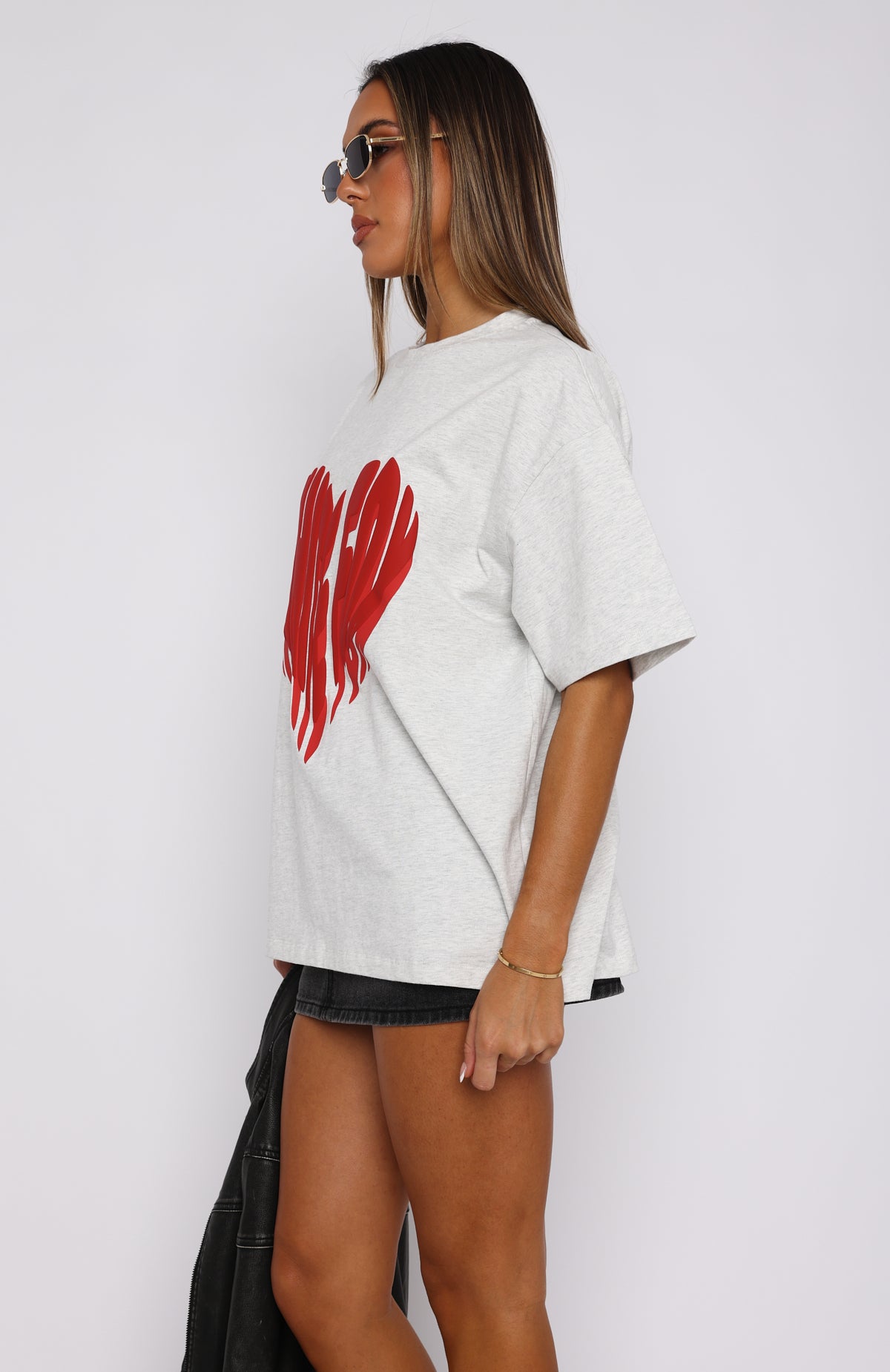 Love Burst Oversized Cotton Tee with Puff Print Logo - Grey Marle