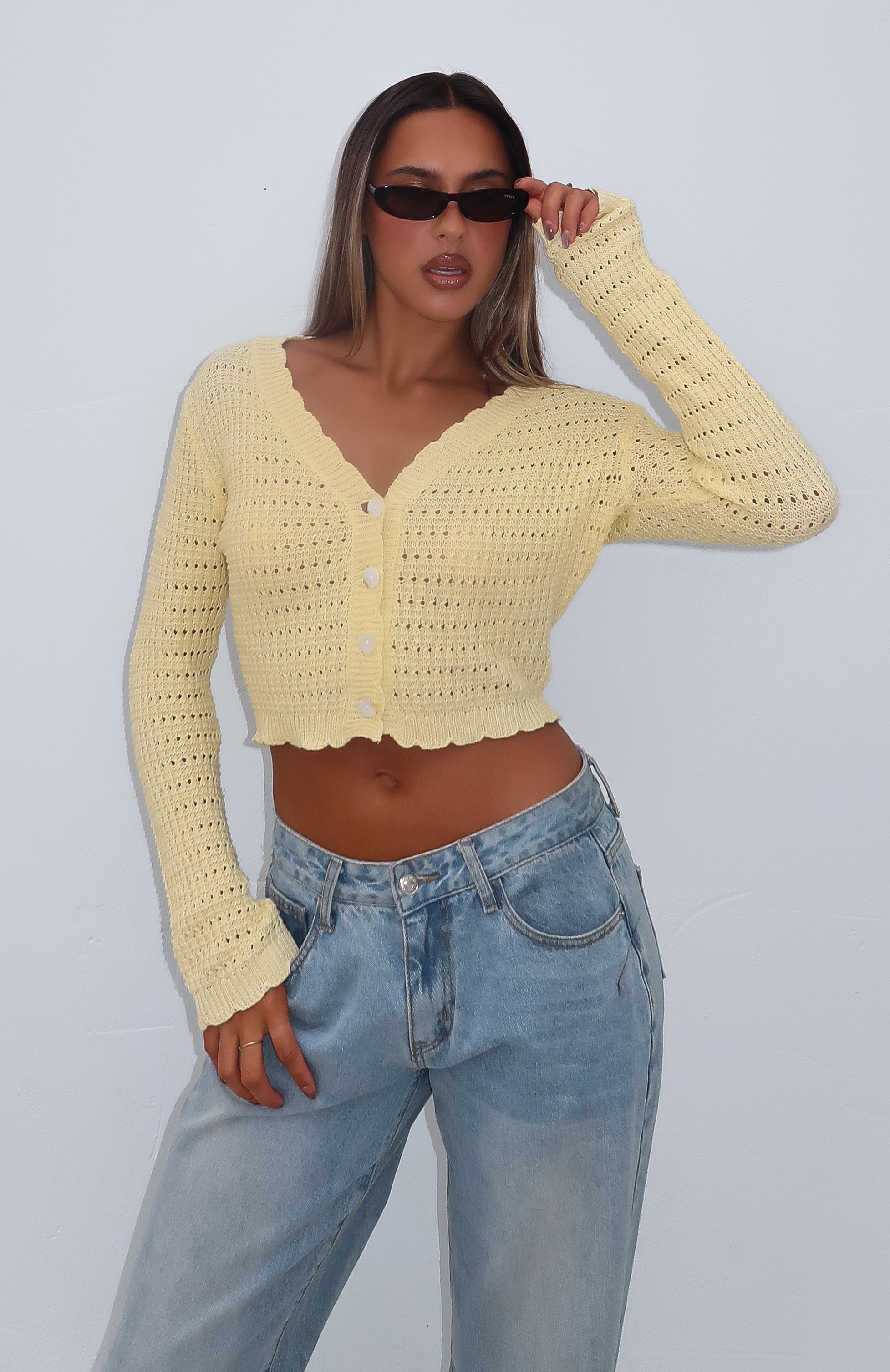 Lemon V-Neck Cropped Long Sleeve Top - Sheer Knit Beachwear