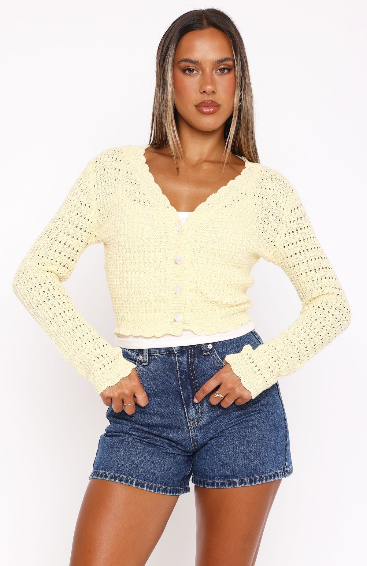 Lemon V-Neck Cropped Long Sleeve Top - Sheer Knit Beachwear