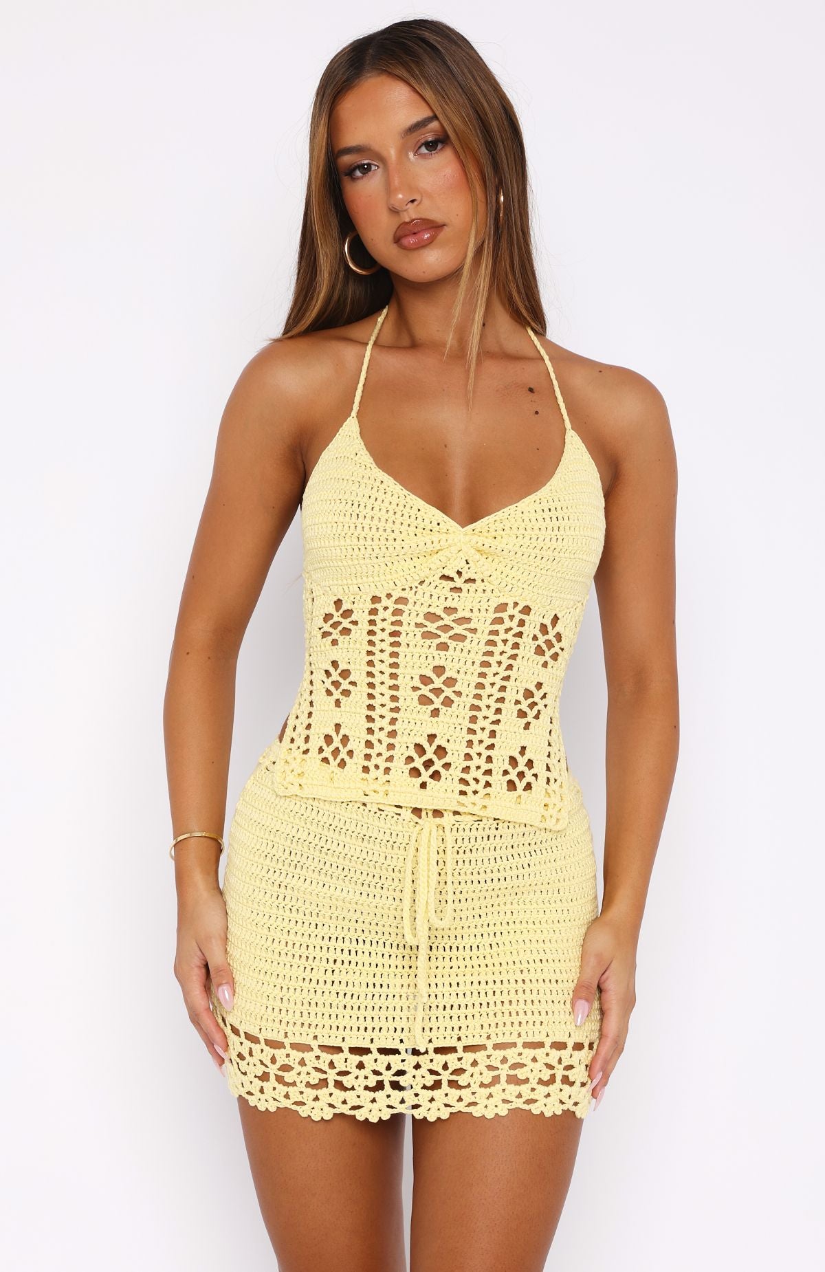 Lemon Crochet Halter Top - Backless & Self-Tie Design