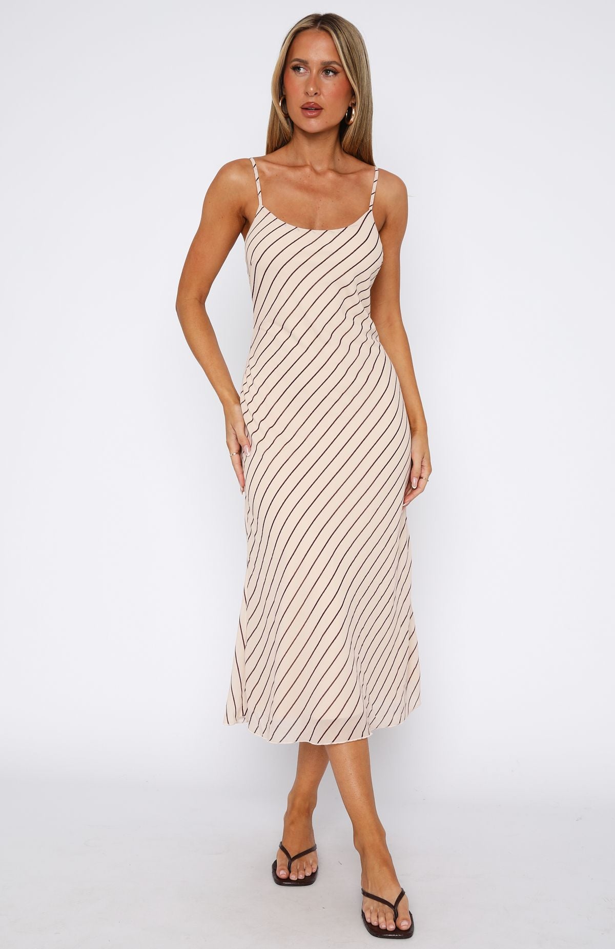 Oat & Chocolate Stripe Midi Dress with Adjustable Straps