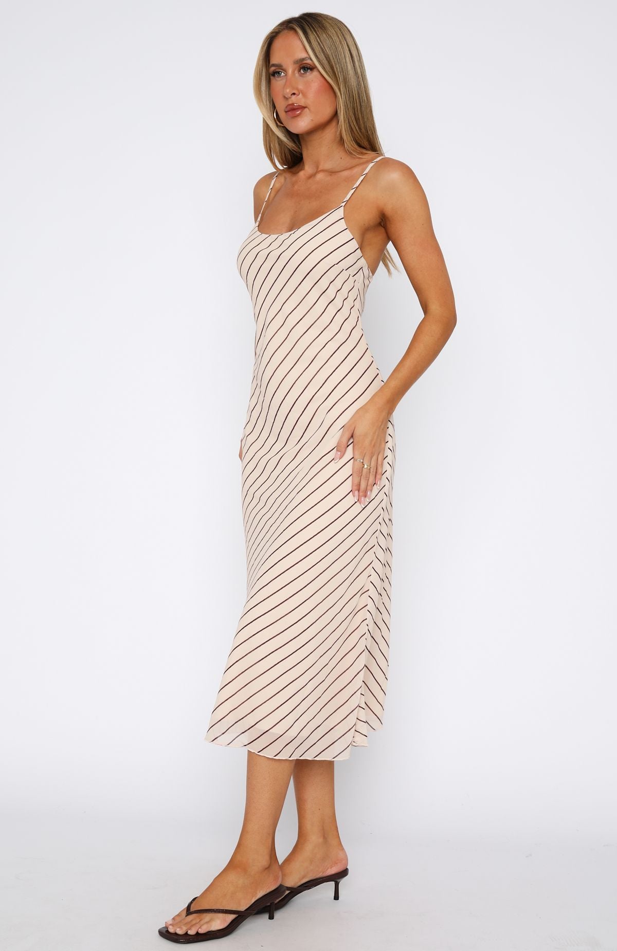 Oat & Chocolate Stripe Midi Dress with Adjustable Straps