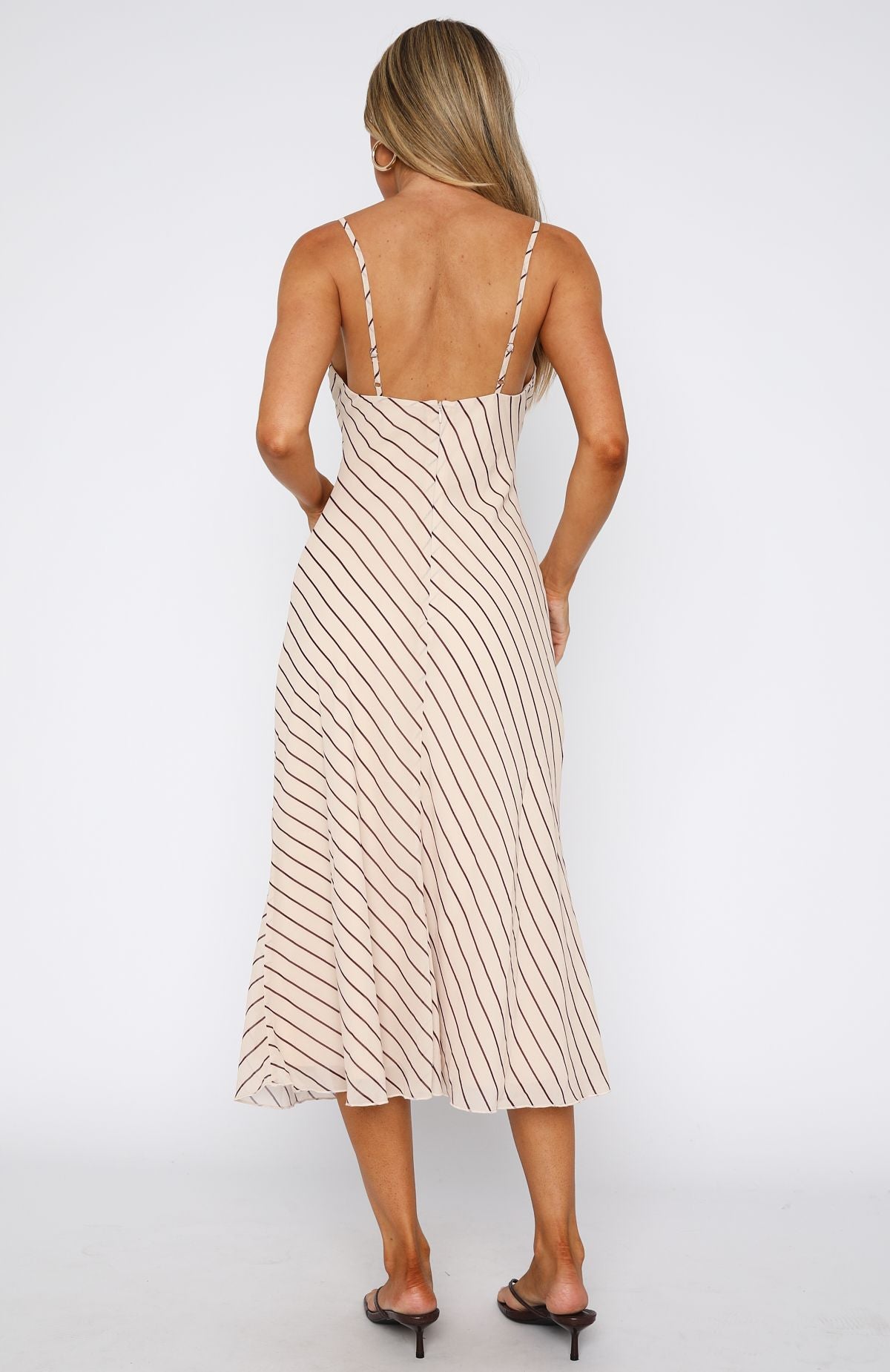 Oat & Chocolate Stripe Midi Dress with Adjustable Straps