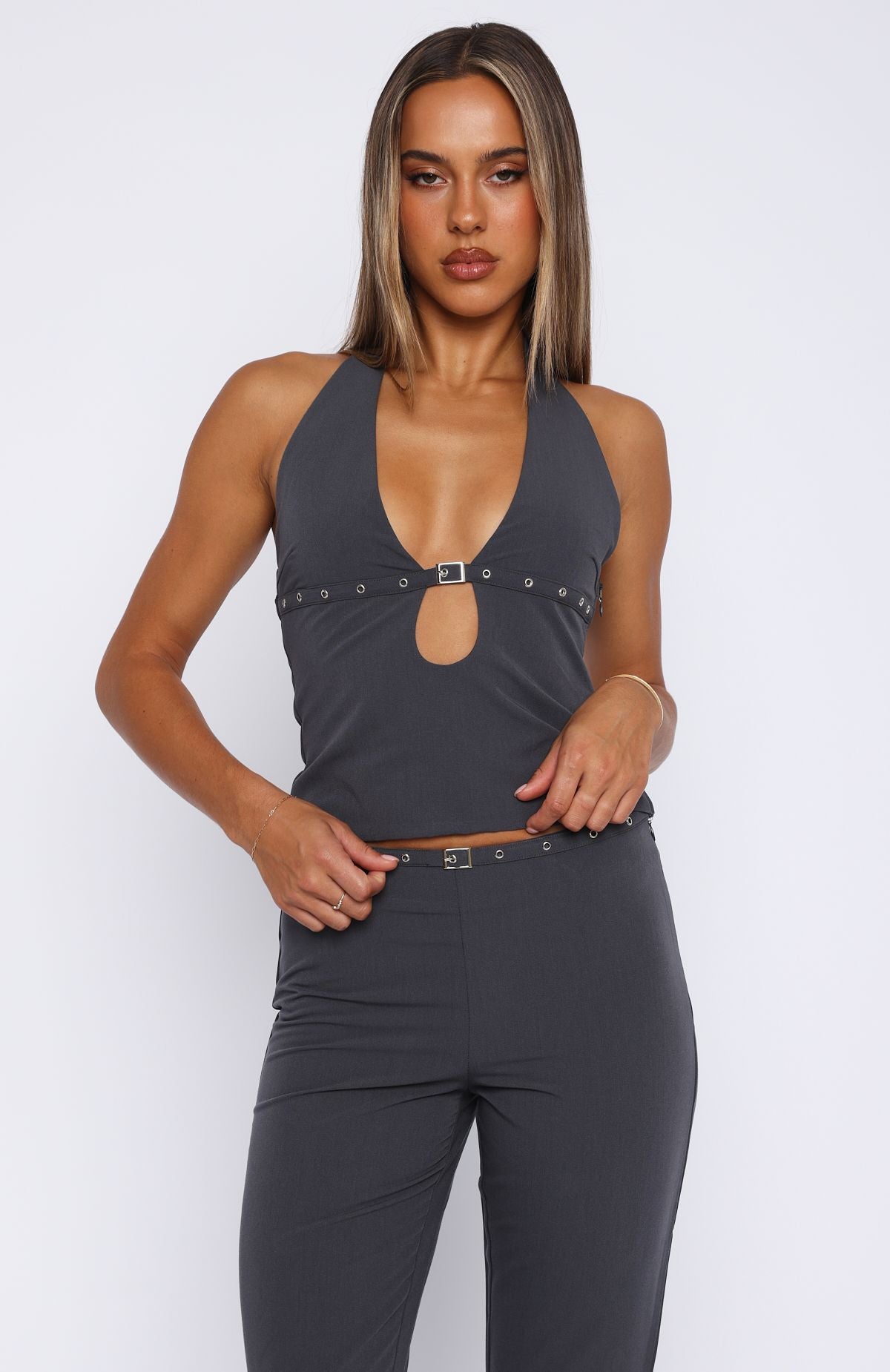 Firestorm Halter Top - Plunge Neckline & Buckle Design in Charcoal