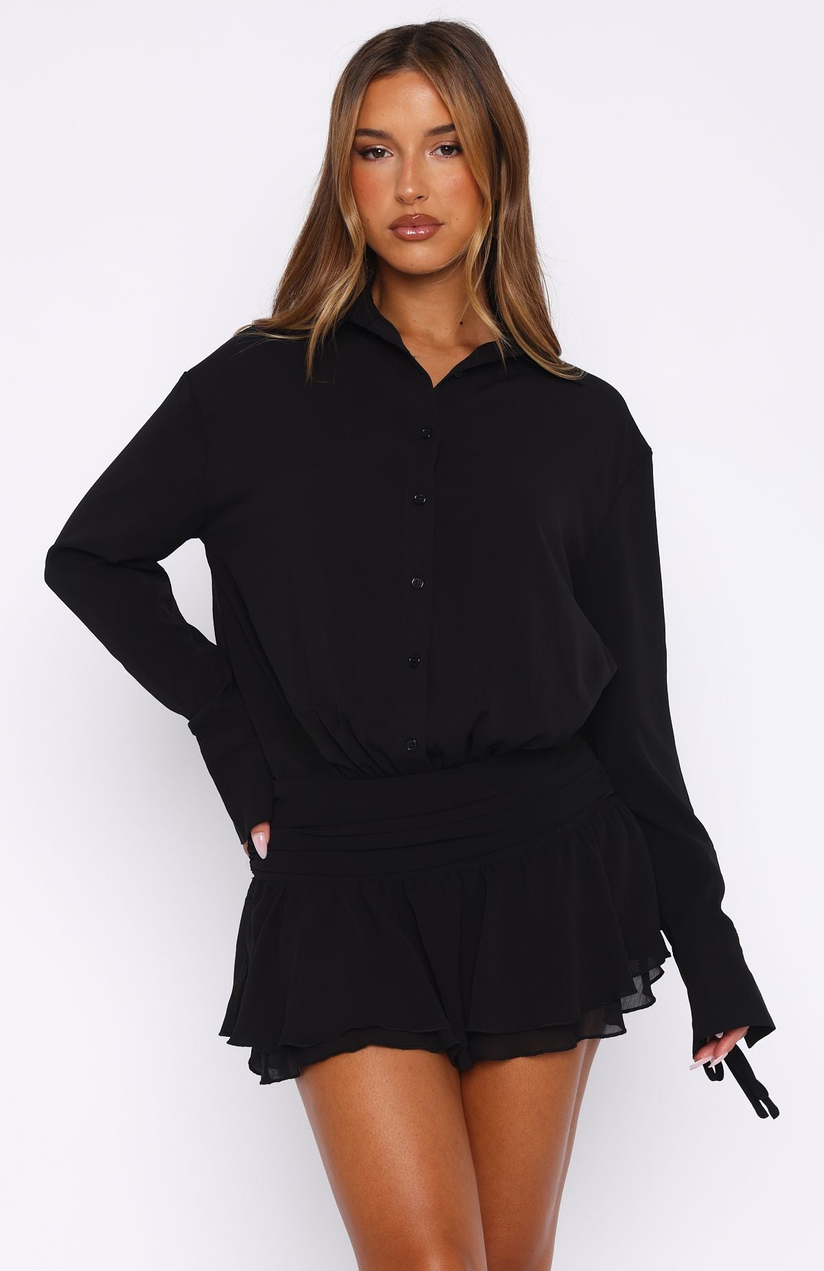 Black Long Sleeve Mini Dress with Button Front & Tie Cuffs