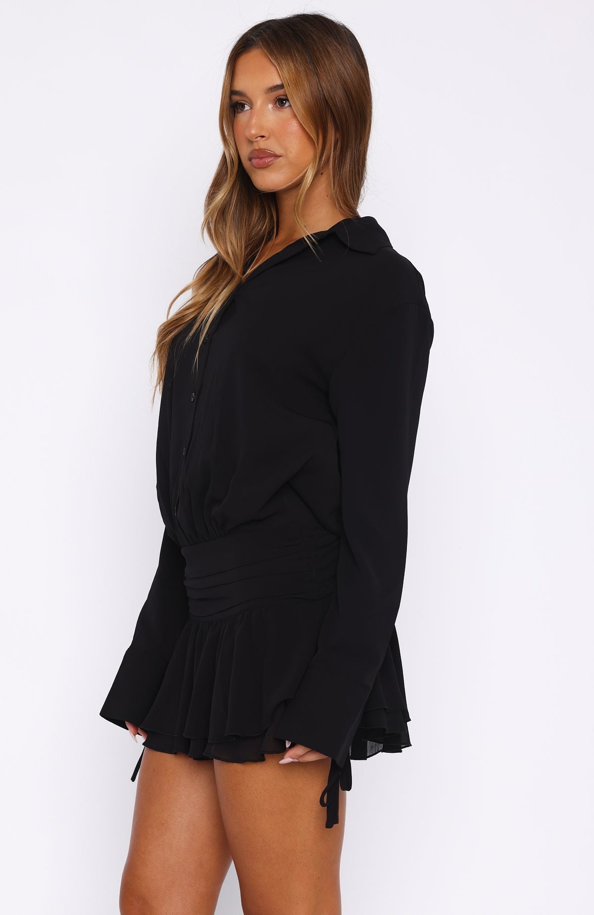 Black Long Sleeve Mini Dress with Button Front & Tie Cuffs