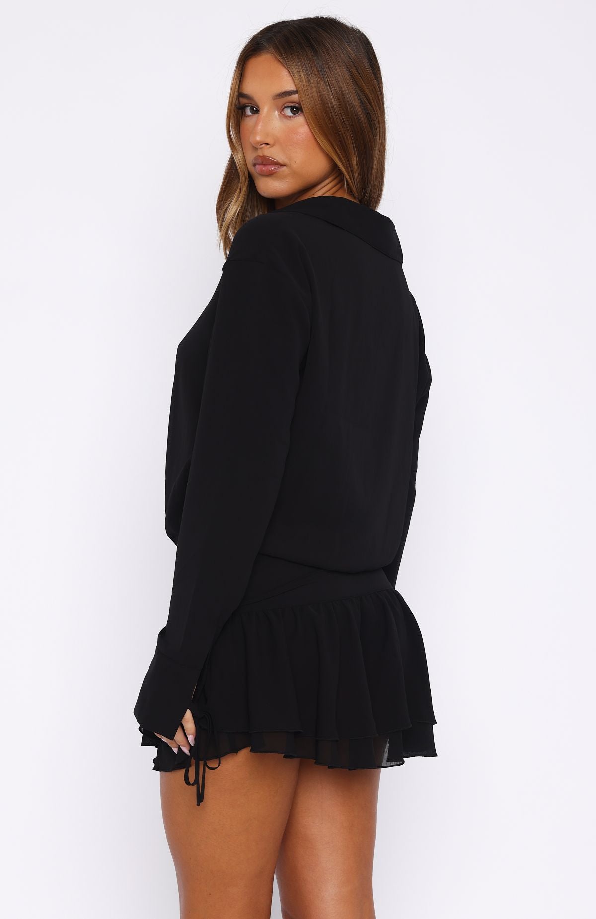 Black Long Sleeve Mini Dress with Button Front & Tie Cuffs