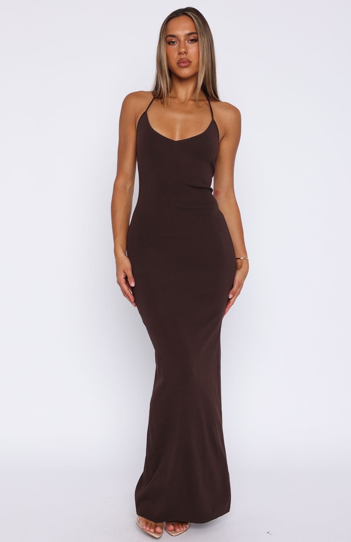 Chocolate Halter Maxi Dress with Beaded Back & Leg Split