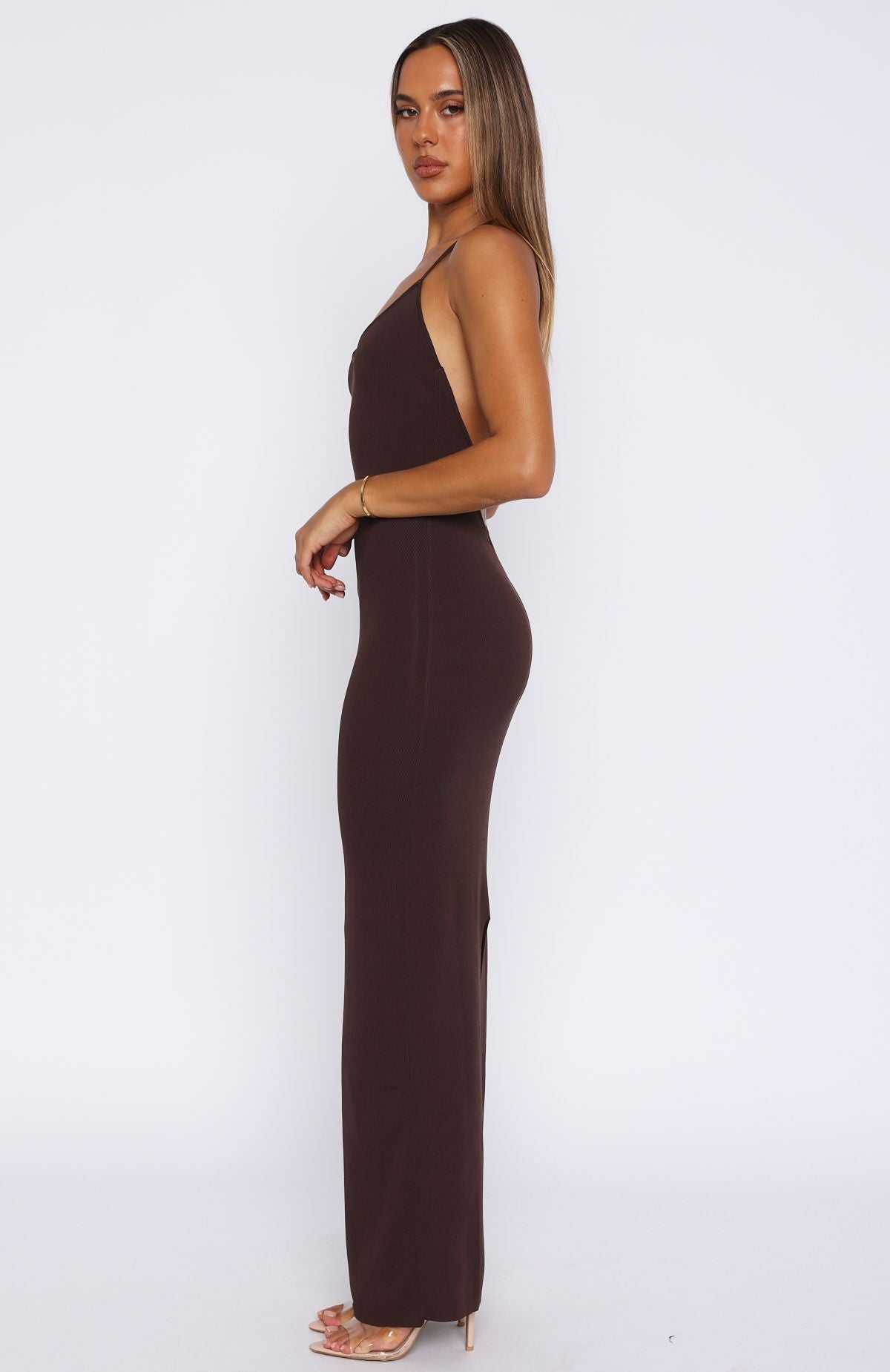 Chocolate Halter Maxi Dress with Beaded Back & Leg Split