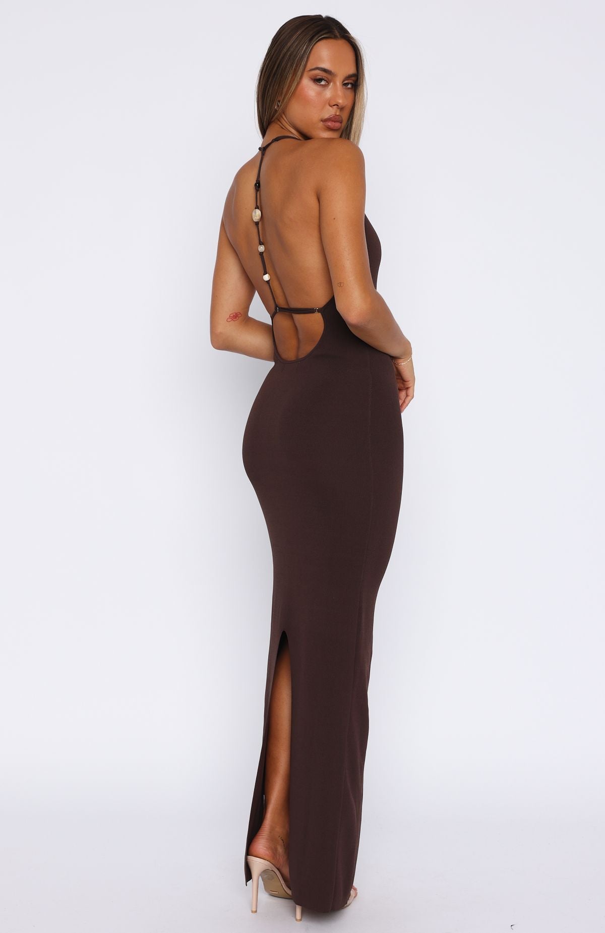 Chocolate Halter Maxi Dress with Beaded Back & Leg Split
