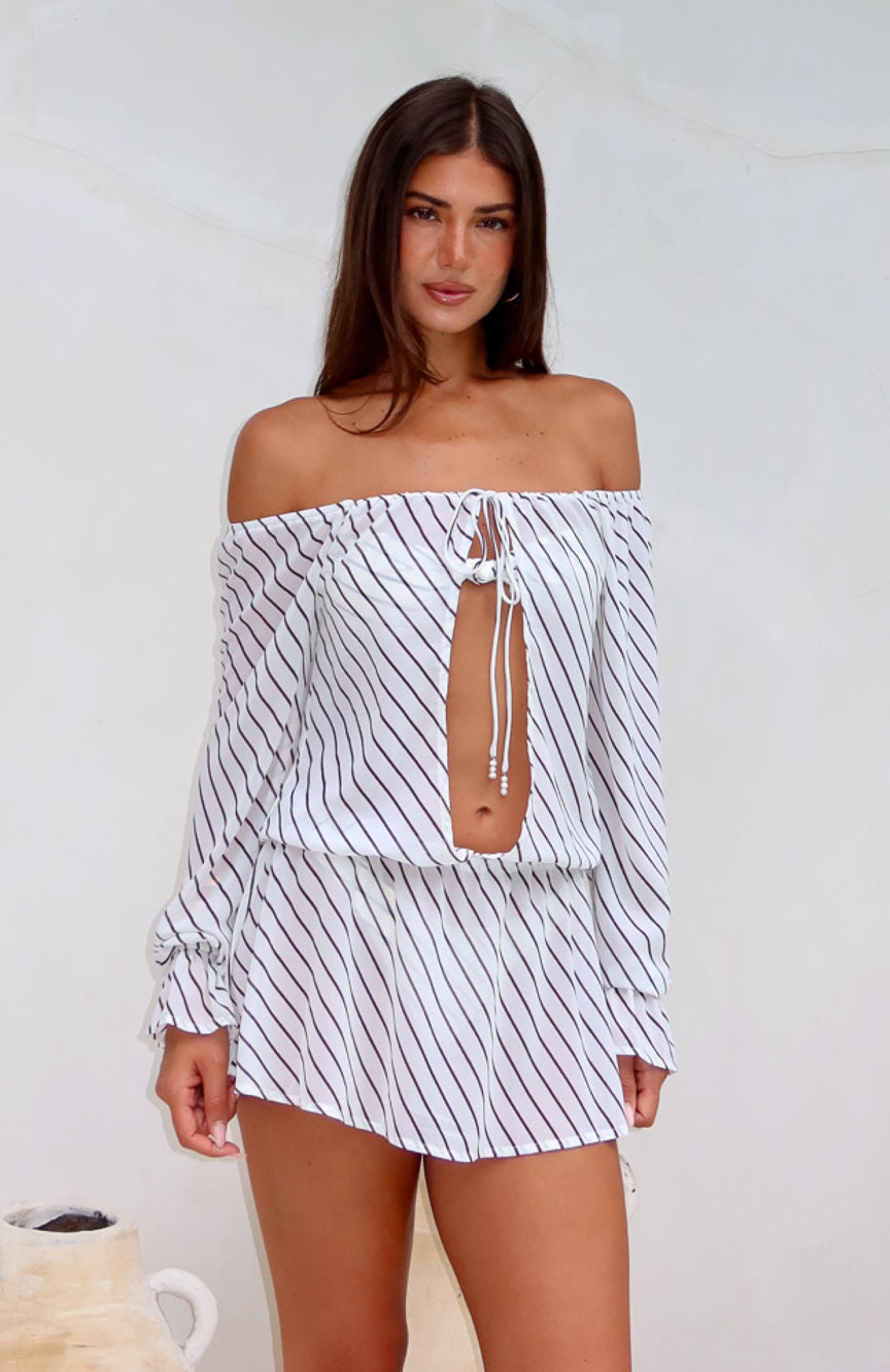 Off-Shoulder Striped Mini Dress with Cut-Out Detail