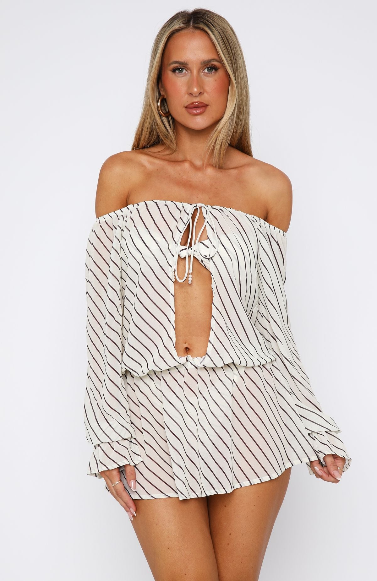 Off-Shoulder Striped Mini Dress with Cut-Out Detail