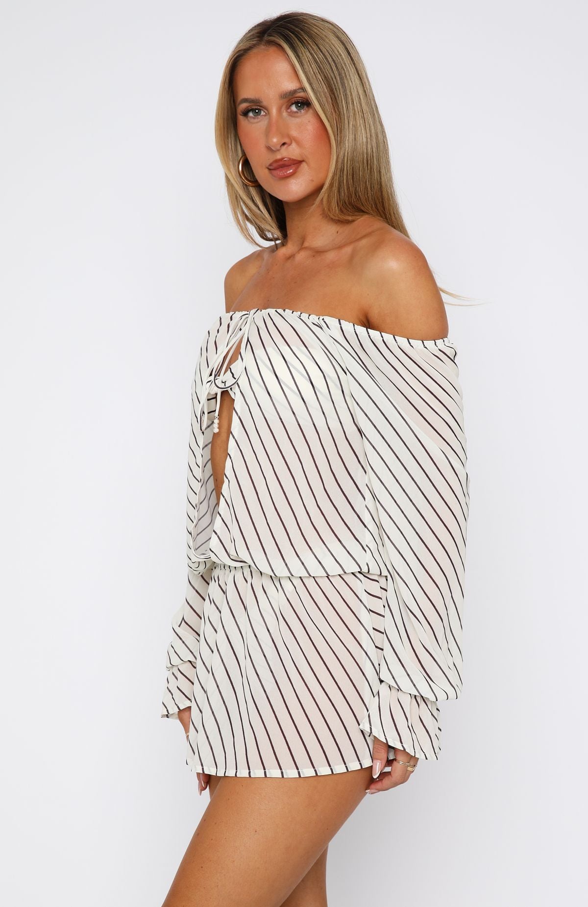 Off-Shoulder Striped Mini Dress with Cut-Out Detail