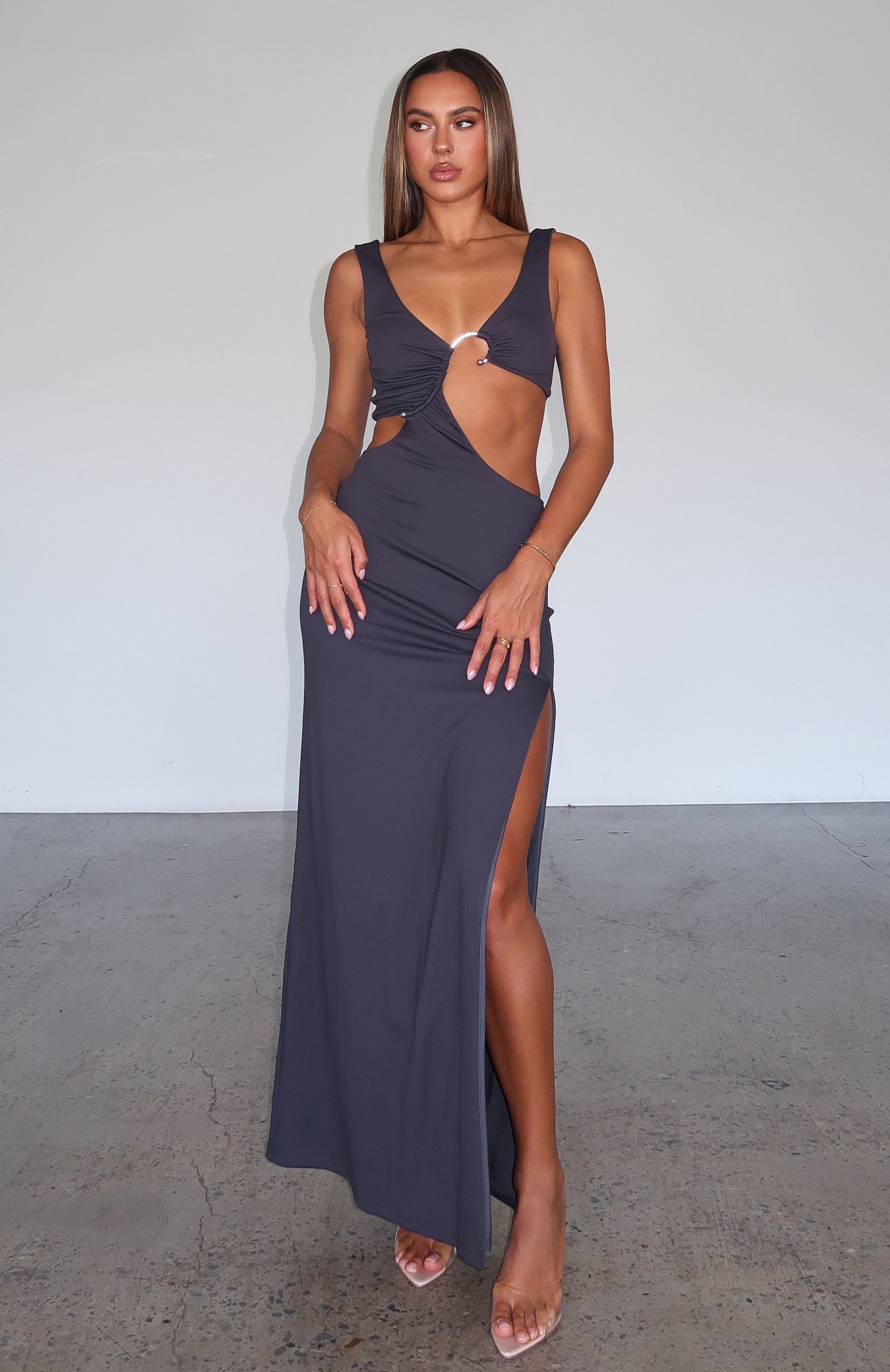 Steel Plunge Neck Maxi Dress with Cut Out Detail