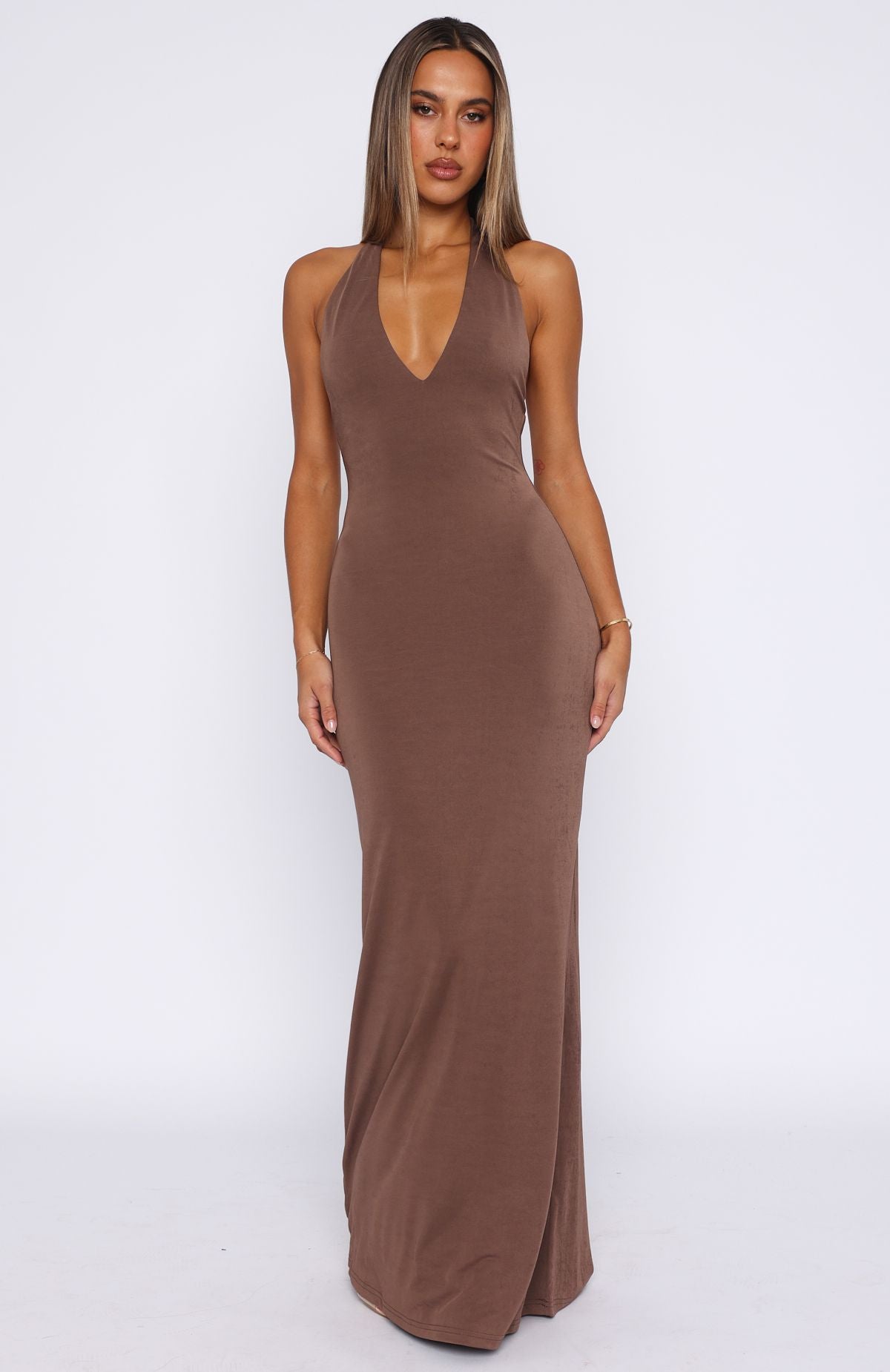 Backless Halter Maxi Dress - Written In The Stars Chocolate