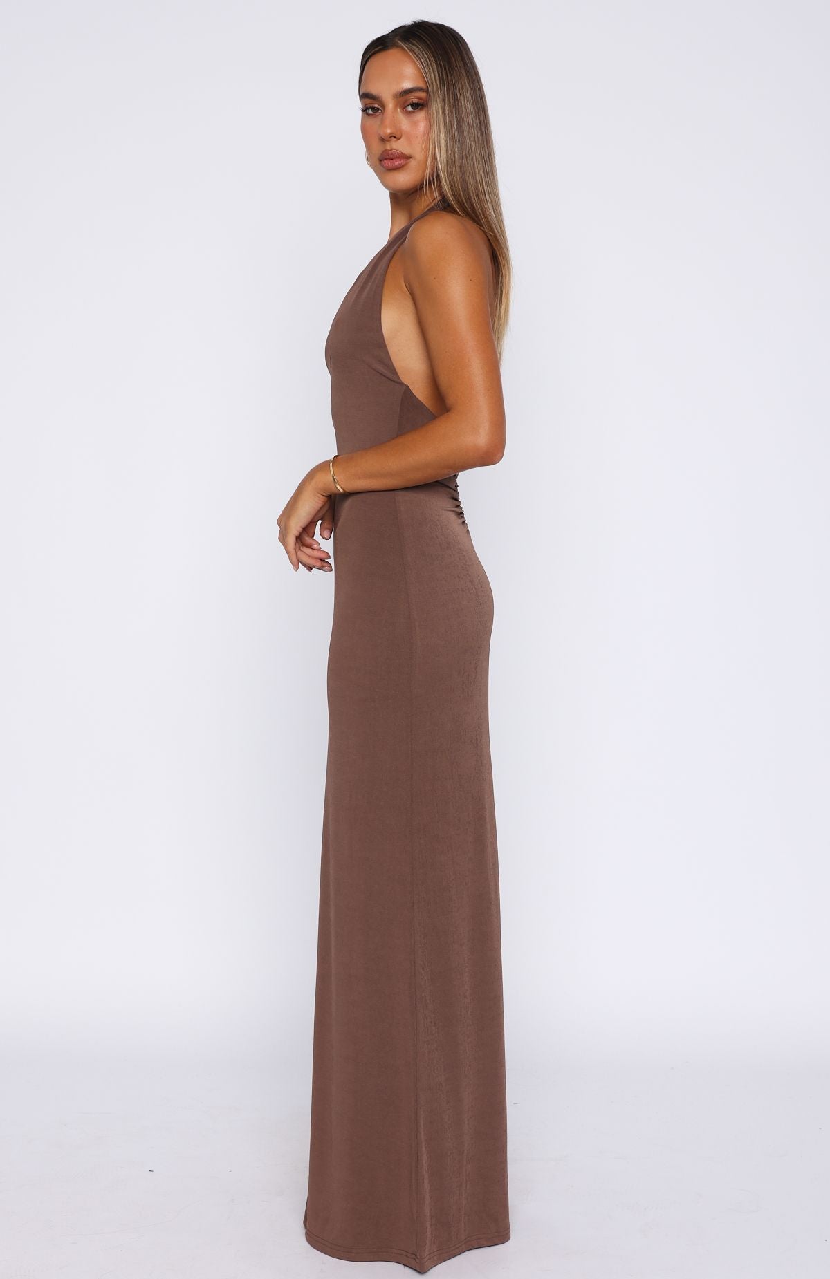 Backless Halter Maxi Dress - Written In The Stars Chocolate