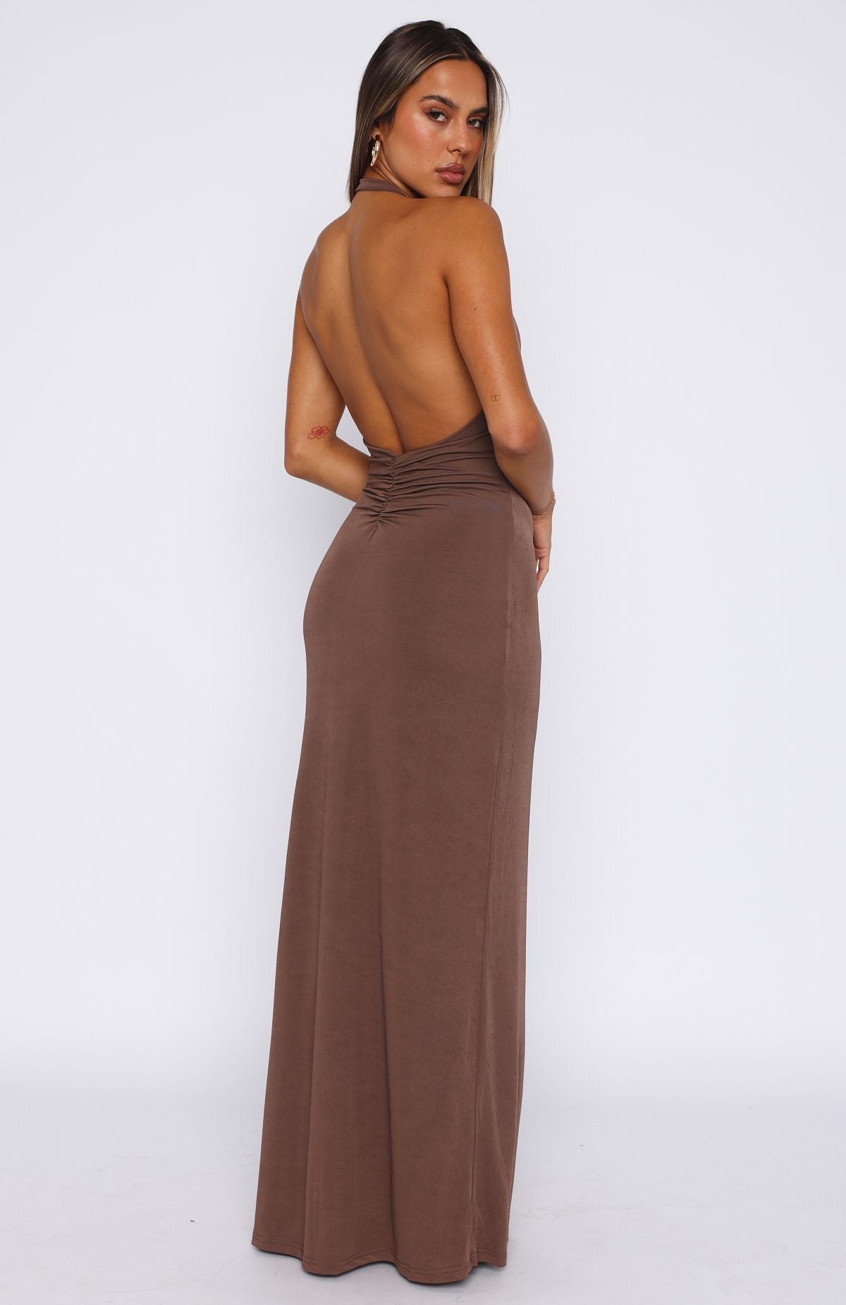 Backless Halter Maxi Dress - Written In The Stars Chocolate