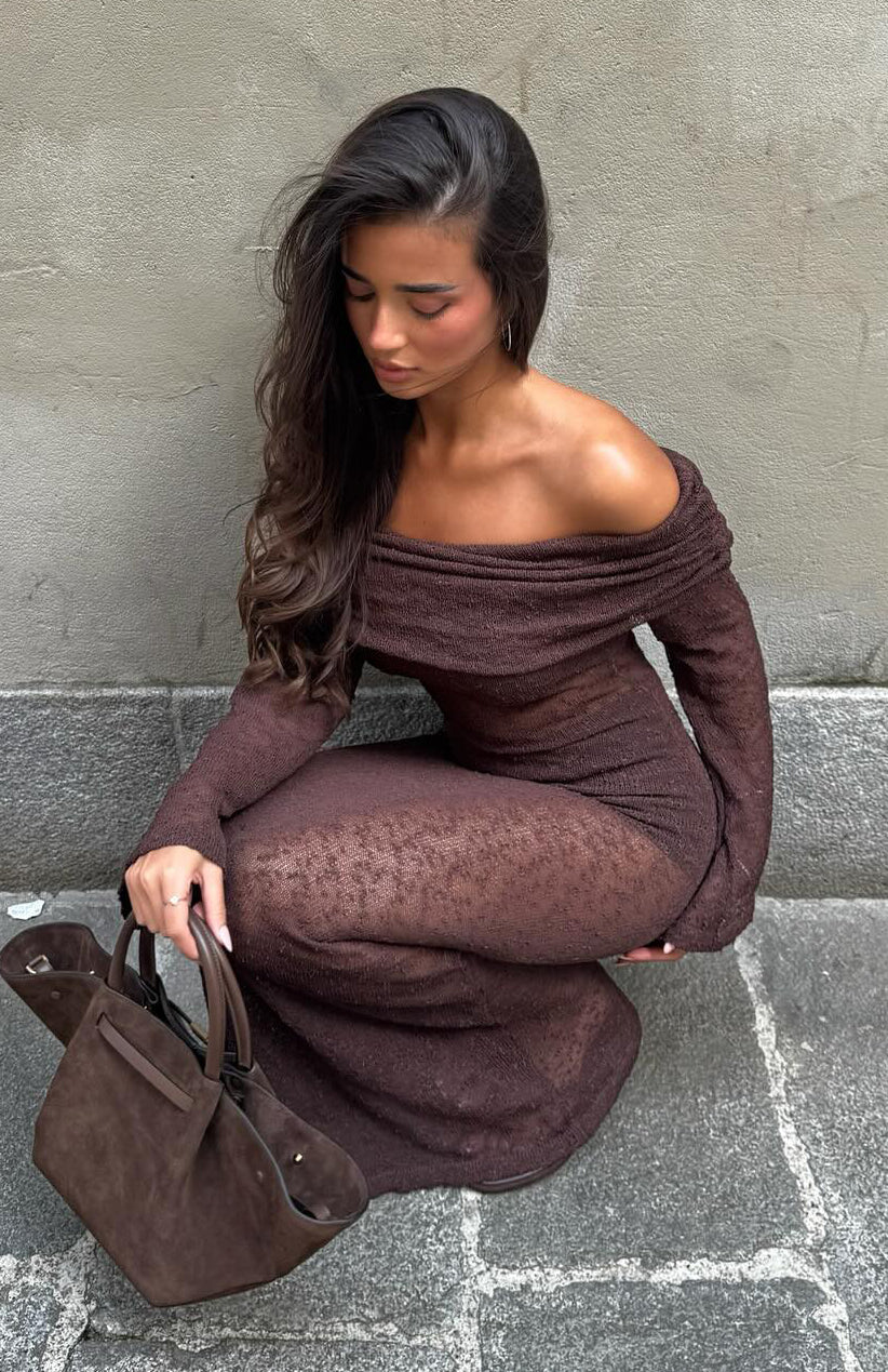 Off Shoulder Boucle Maxi Dress Chocolate - Long Sleeve Elegant