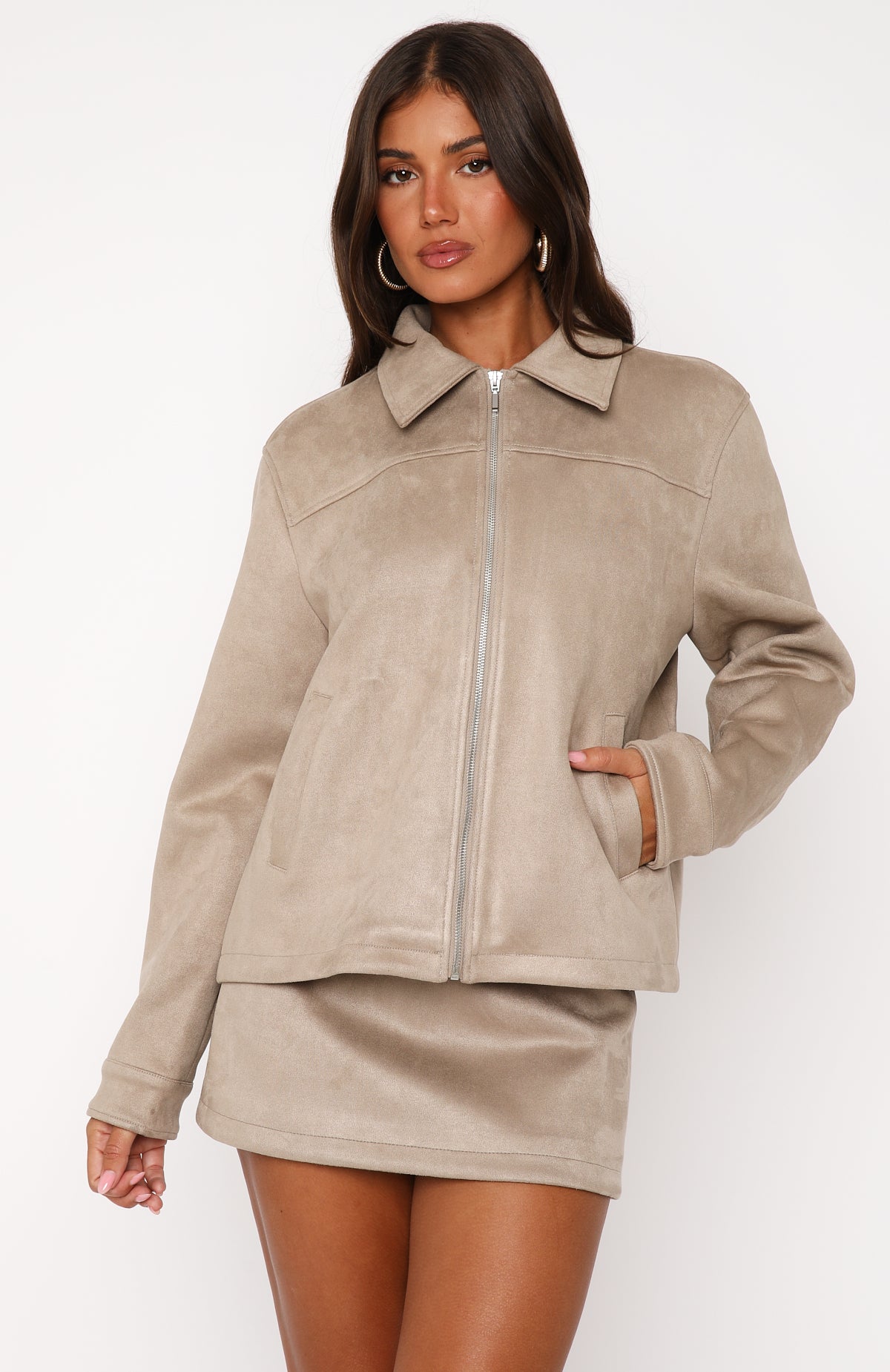 Faux Suede Jacket Sand - Like The Old Days Long Sleeve Zipper Coat
