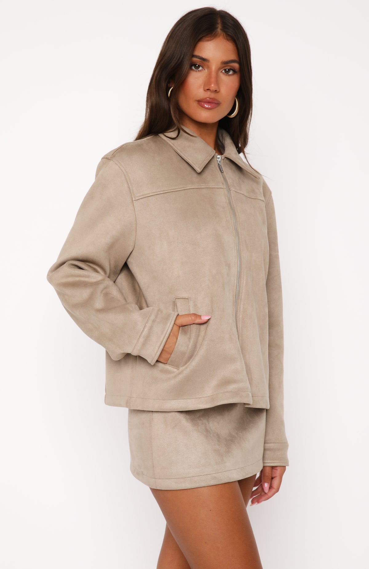 Faux Suede Jacket Sand - Like The Old Days Long Sleeve Zipper Coat