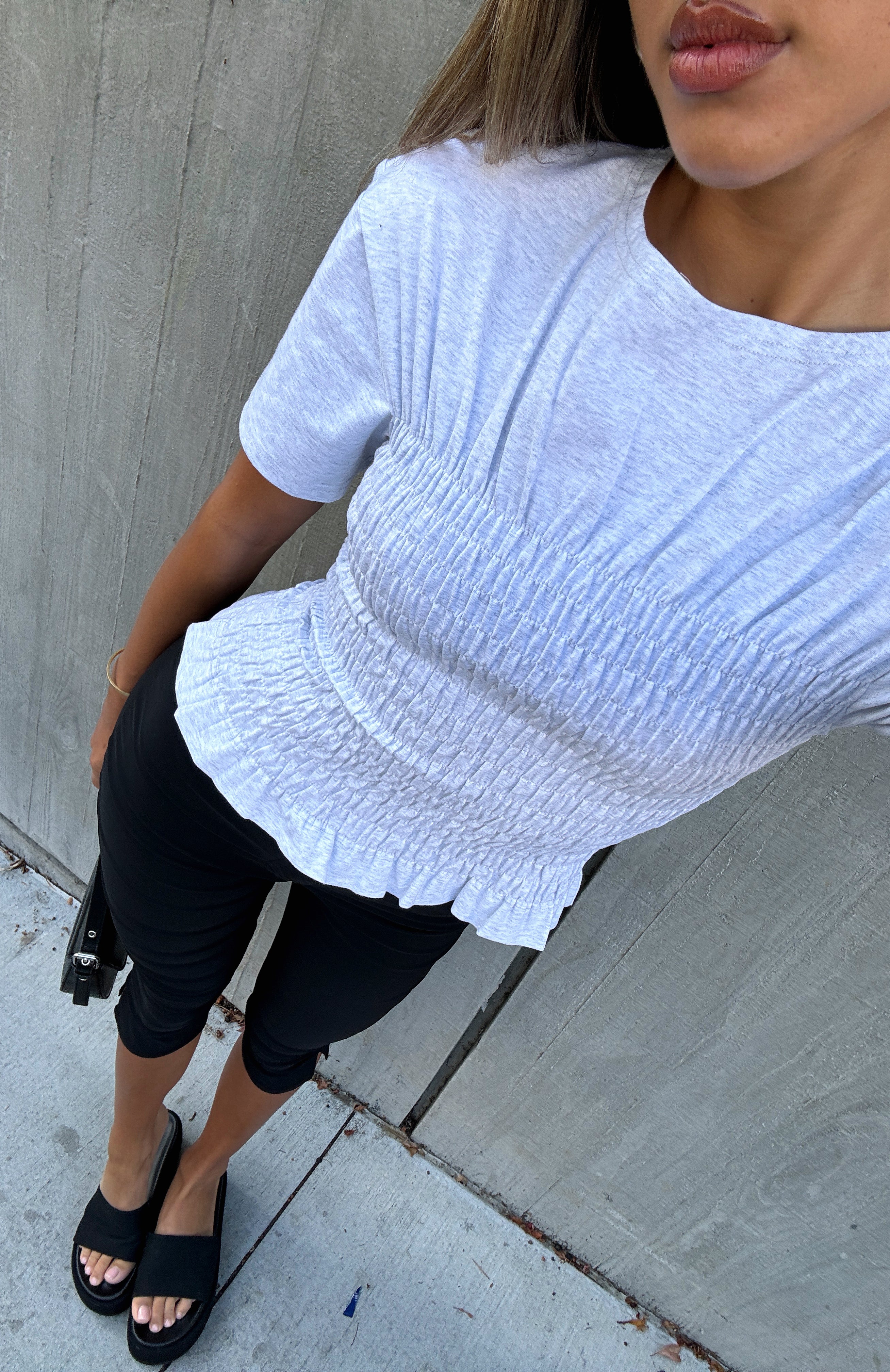Women's Ruched T-Shirt - Grey Marle Stretch Cotton Top