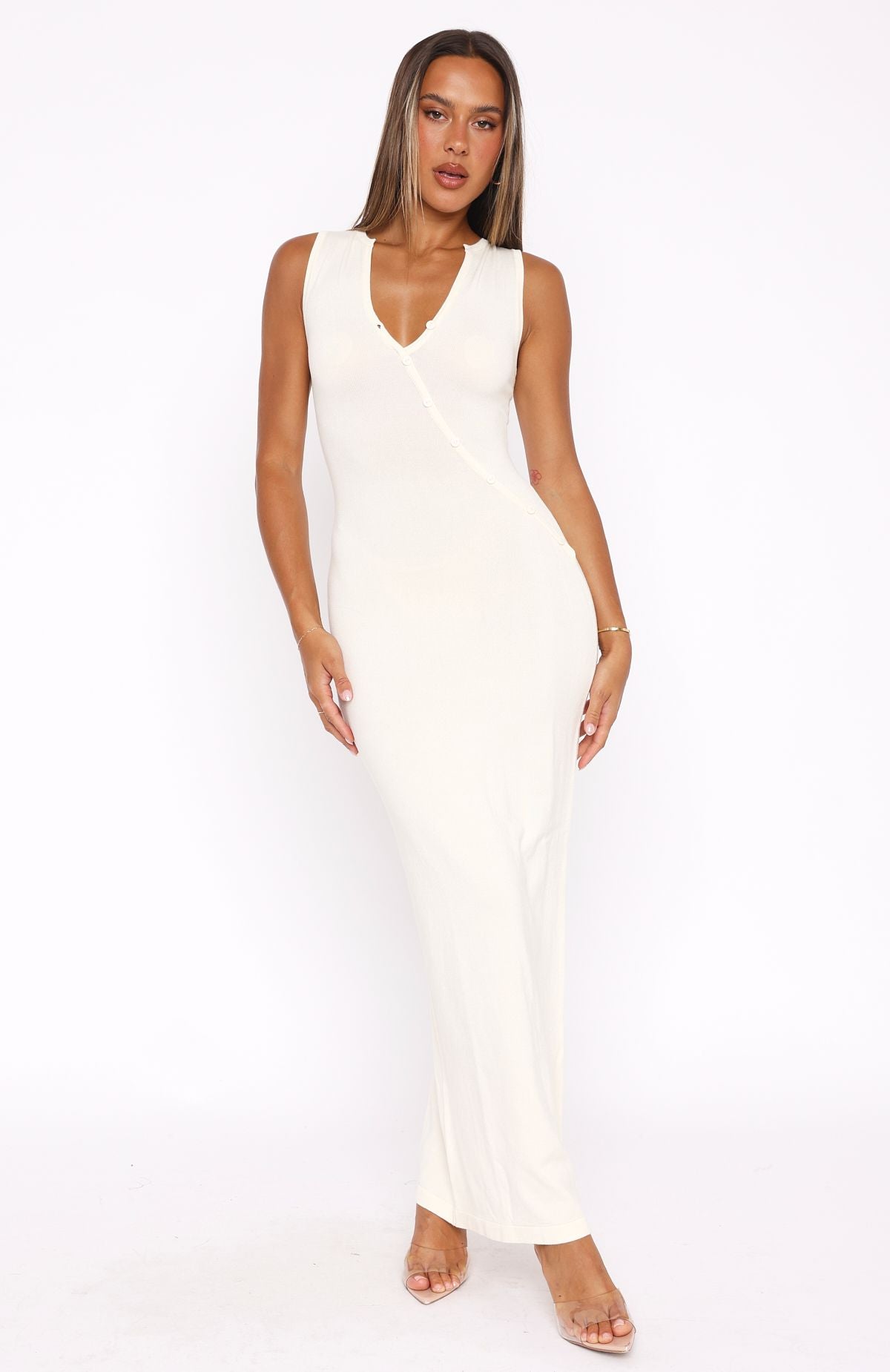 Off White Button Front Maxi Dress with Asymmetrical Neckline