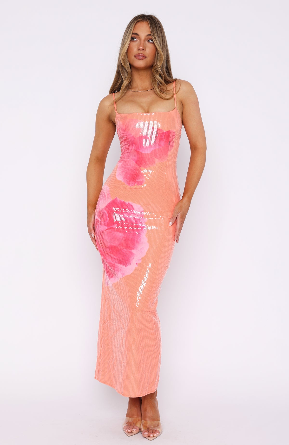 Tangerine Blossom Sequin Maxi Dress with Back Split