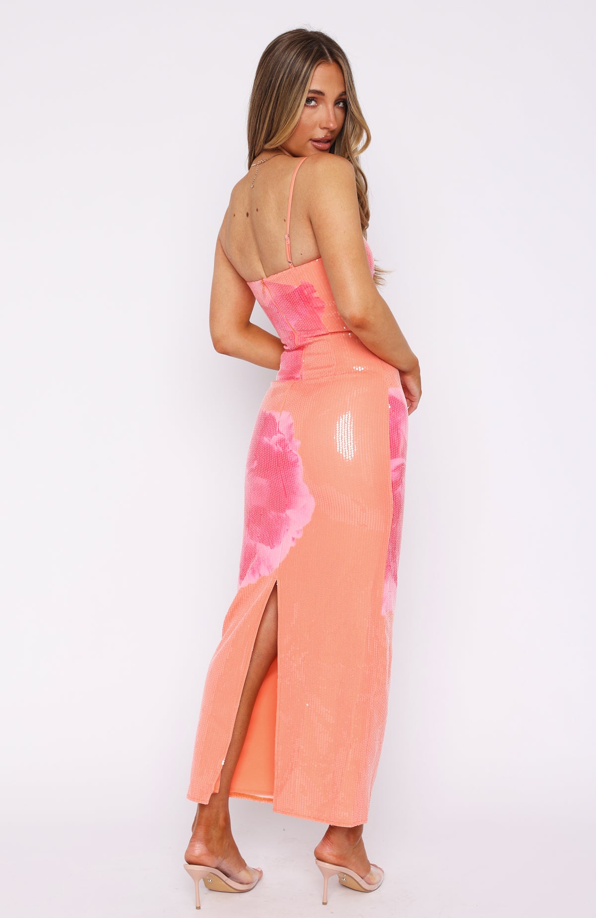 Tangerine Blossom Sequin Maxi Dress with Back Split