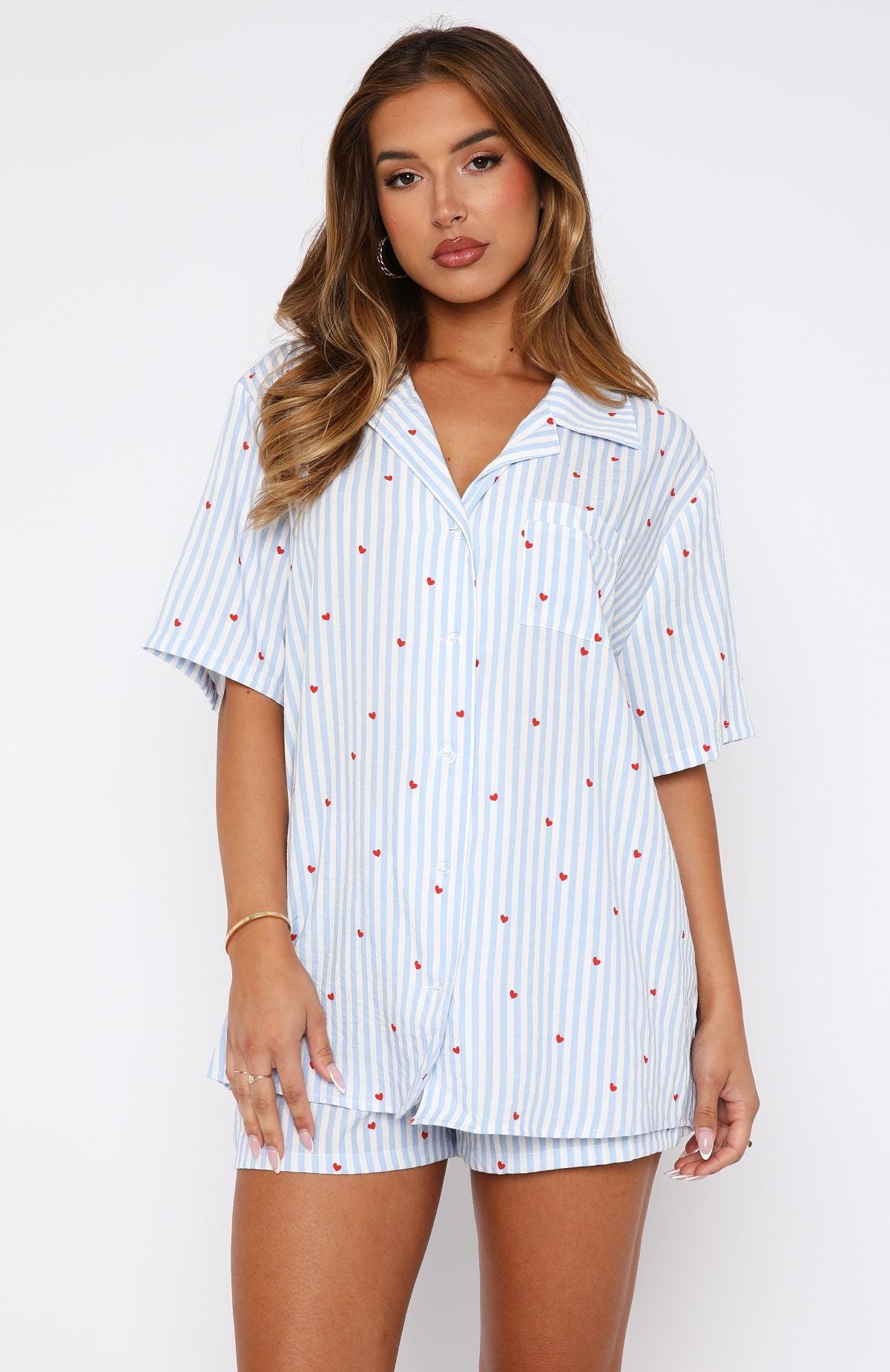Blue Sweetheart Print Summer Pyjama Set - Offline Collared Button-Up Pajamas