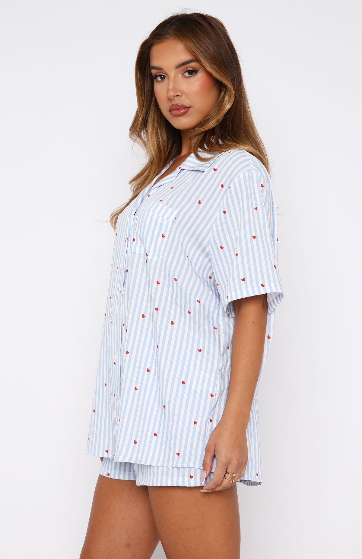 Blue Sweetheart Print Summer Pyjama Set - Offline Collared Button-Up Pajamas