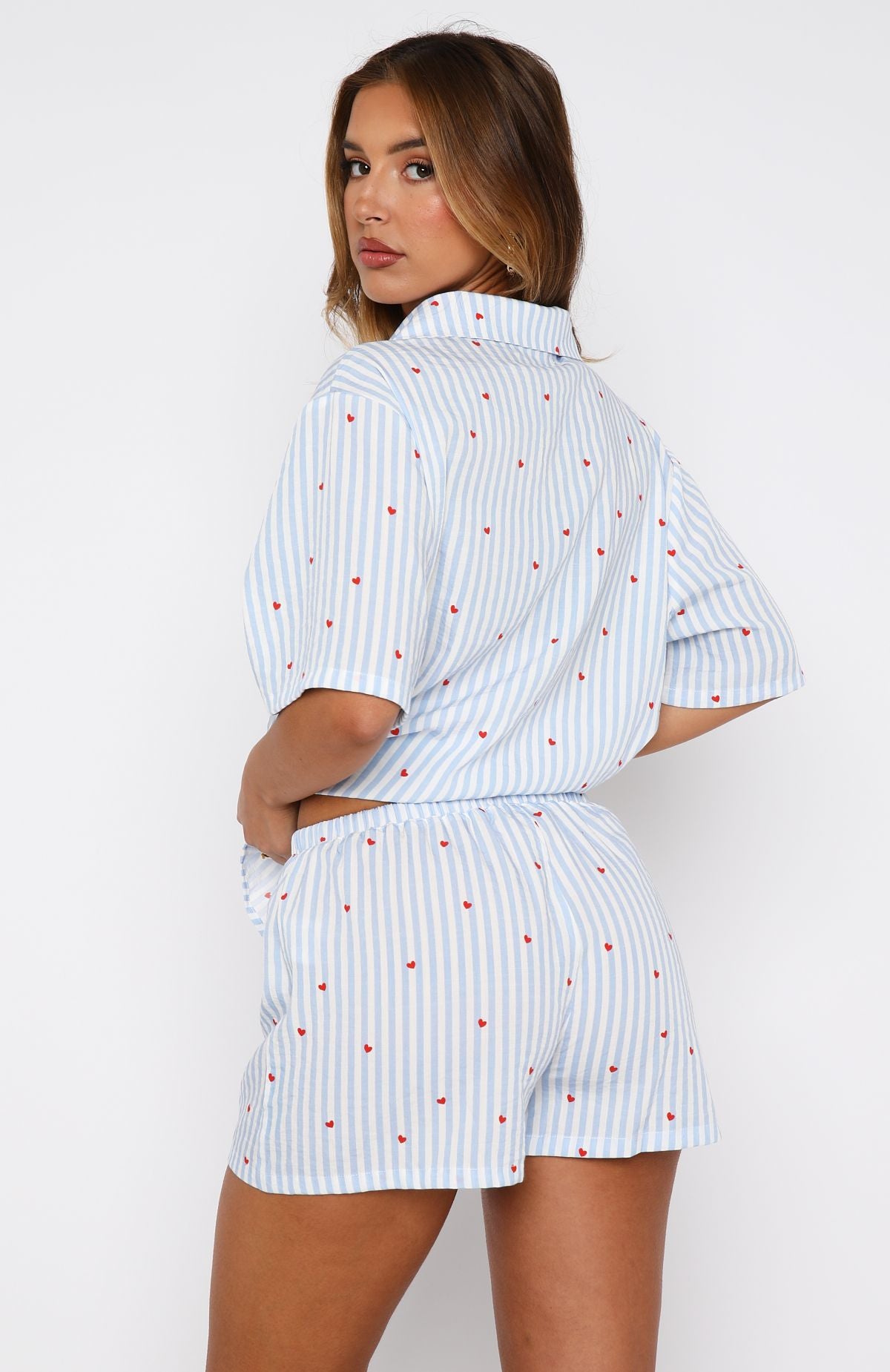Blue Sweetheart Print Summer Pyjama Set - Offline Collared Button-Up Pajamas