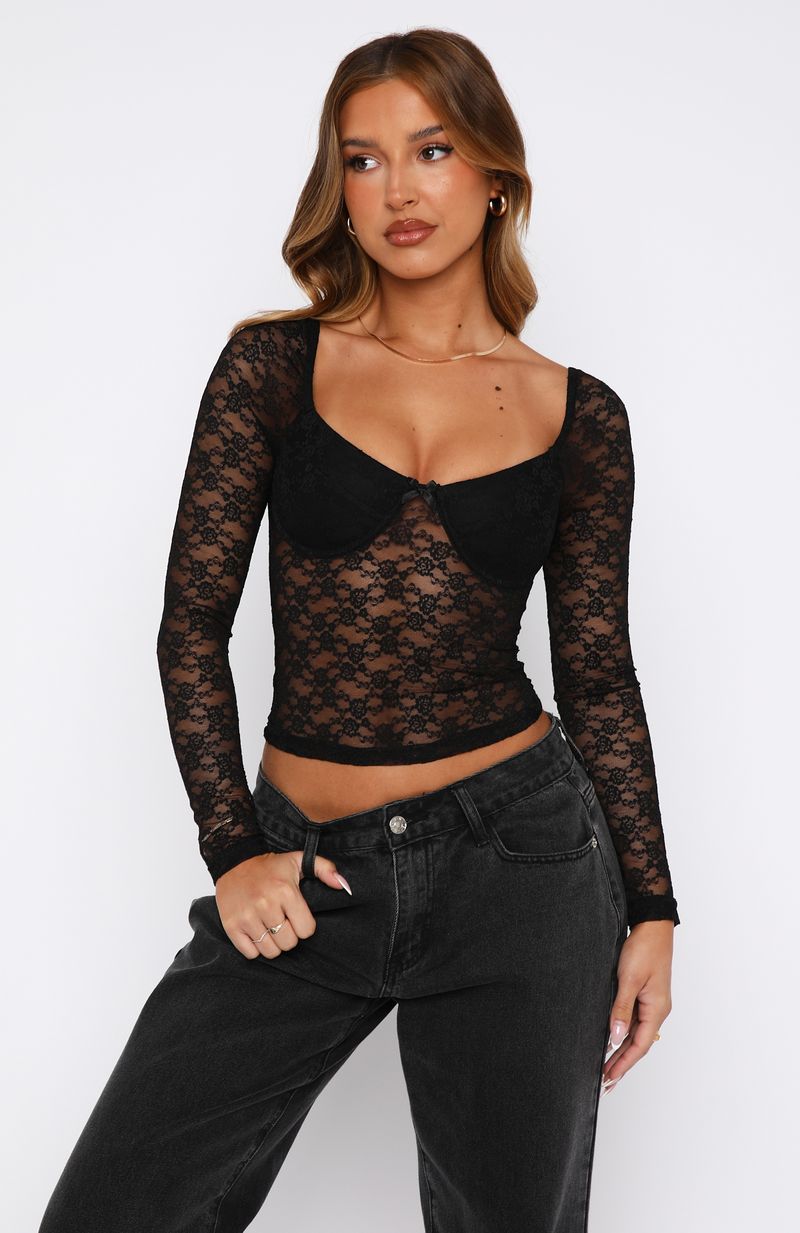 Black Lace Long Sleeve Top with Underwire & Bust Cups