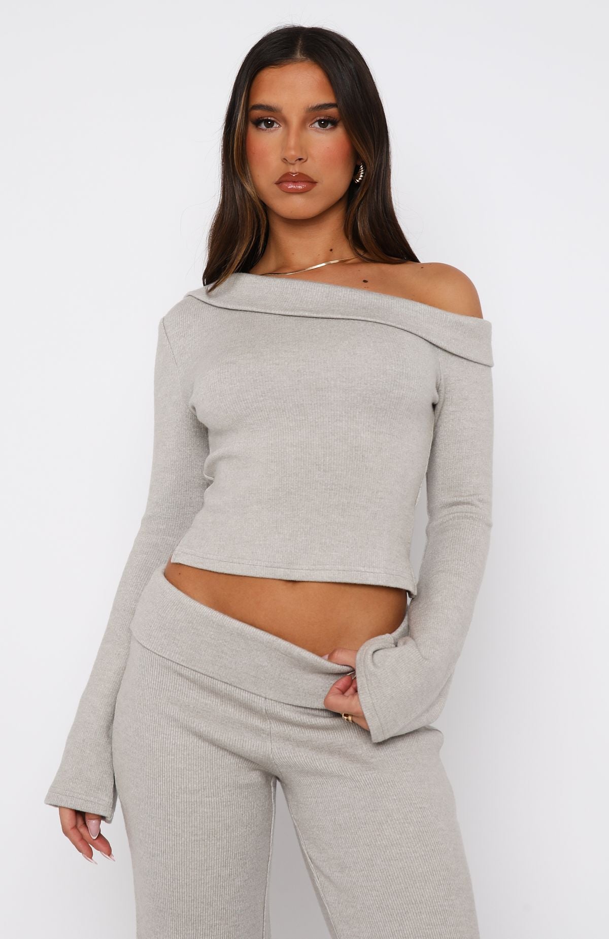 So Little Time One Shoulder Long Sleeve Top Grey Marle