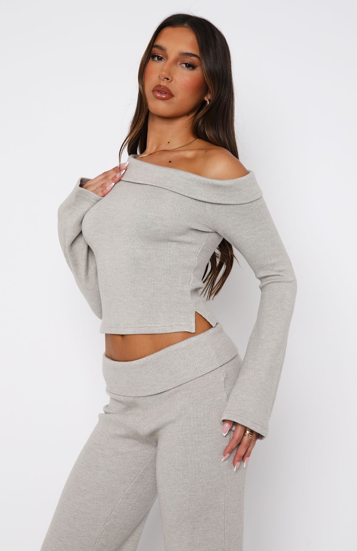 So Little Time One Shoulder Long Sleeve Top Grey Marle