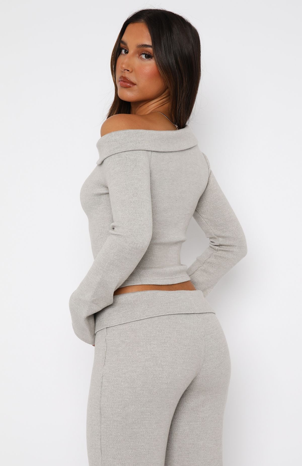 So Little Time One Shoulder Long Sleeve Top Grey Marle
