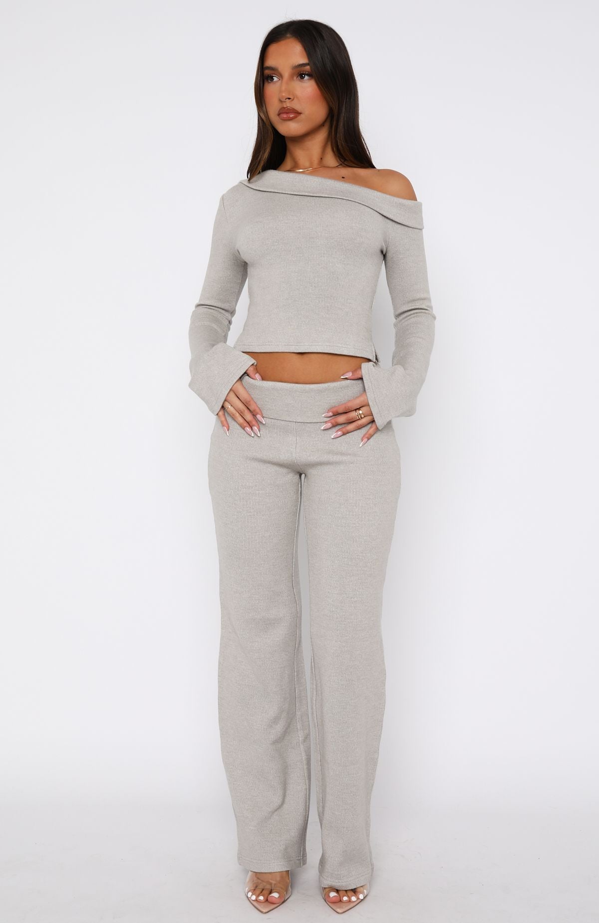 So Little Time One Shoulder Long Sleeve Top Grey Marle