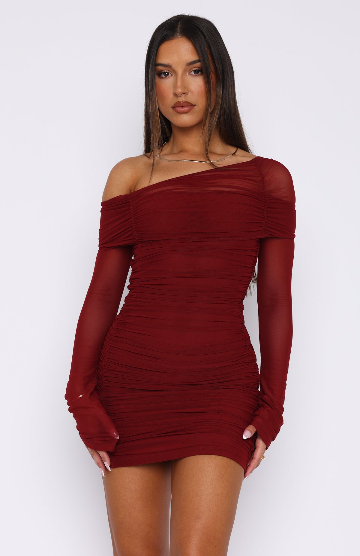 Burgundy One Shoulder Long Sleeve Mini Dress - I Feel Love