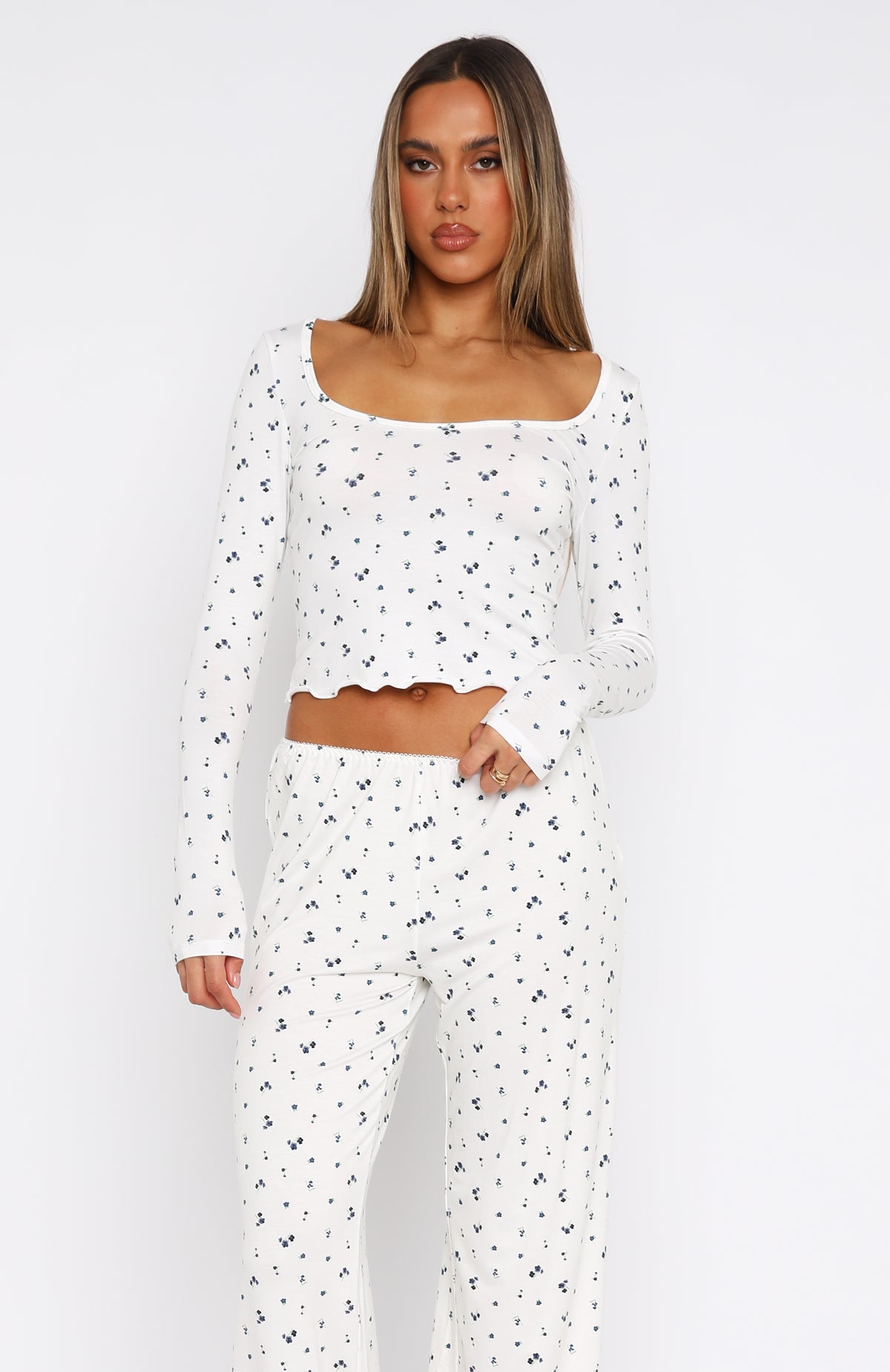 Women's Long Sleeve Pyjama Top - Soft Ditsy Blue Pajama Shirt