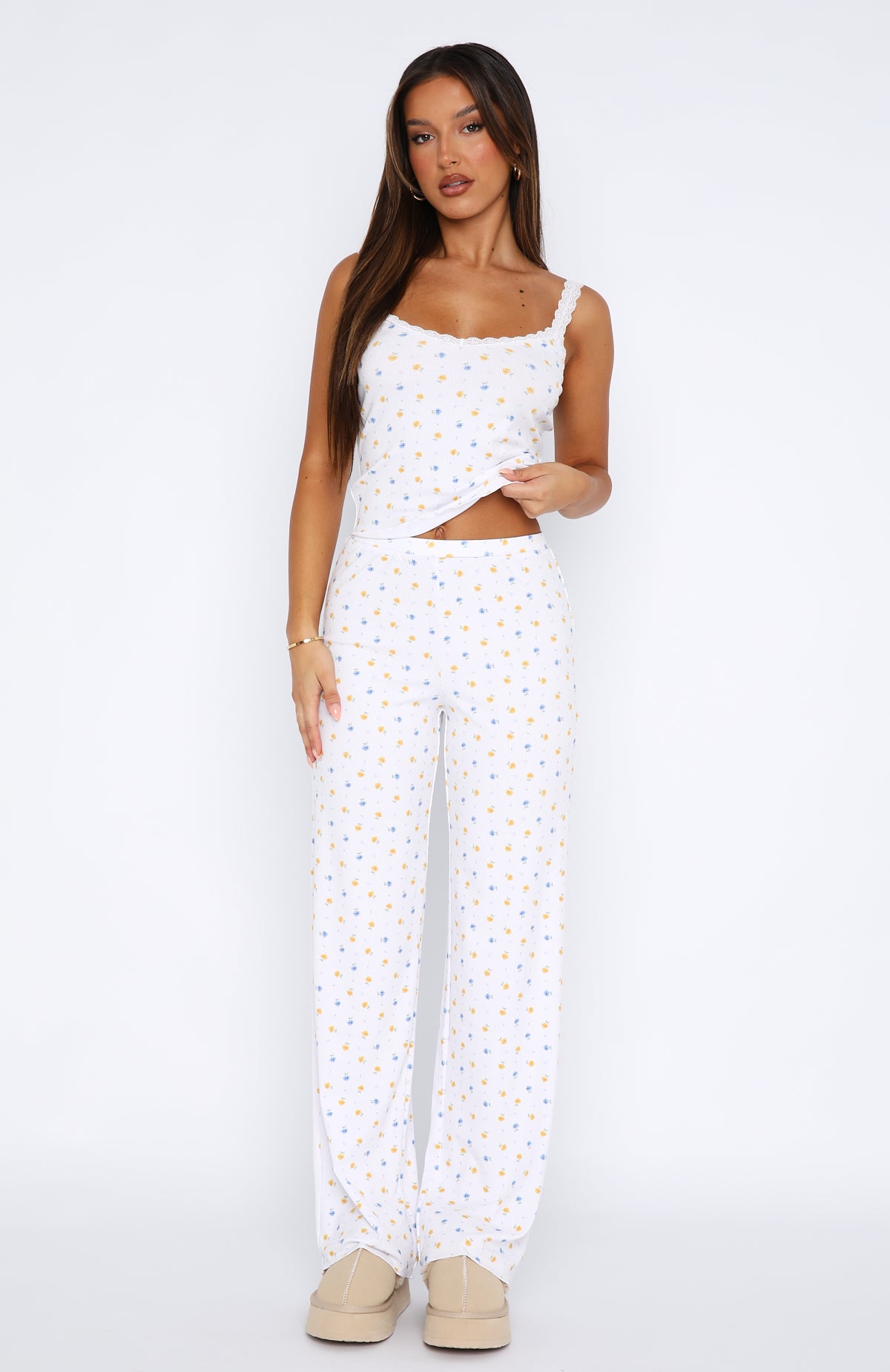 Buttercup Floral Pyjama Set with Lace Trim & Jersey Fabric