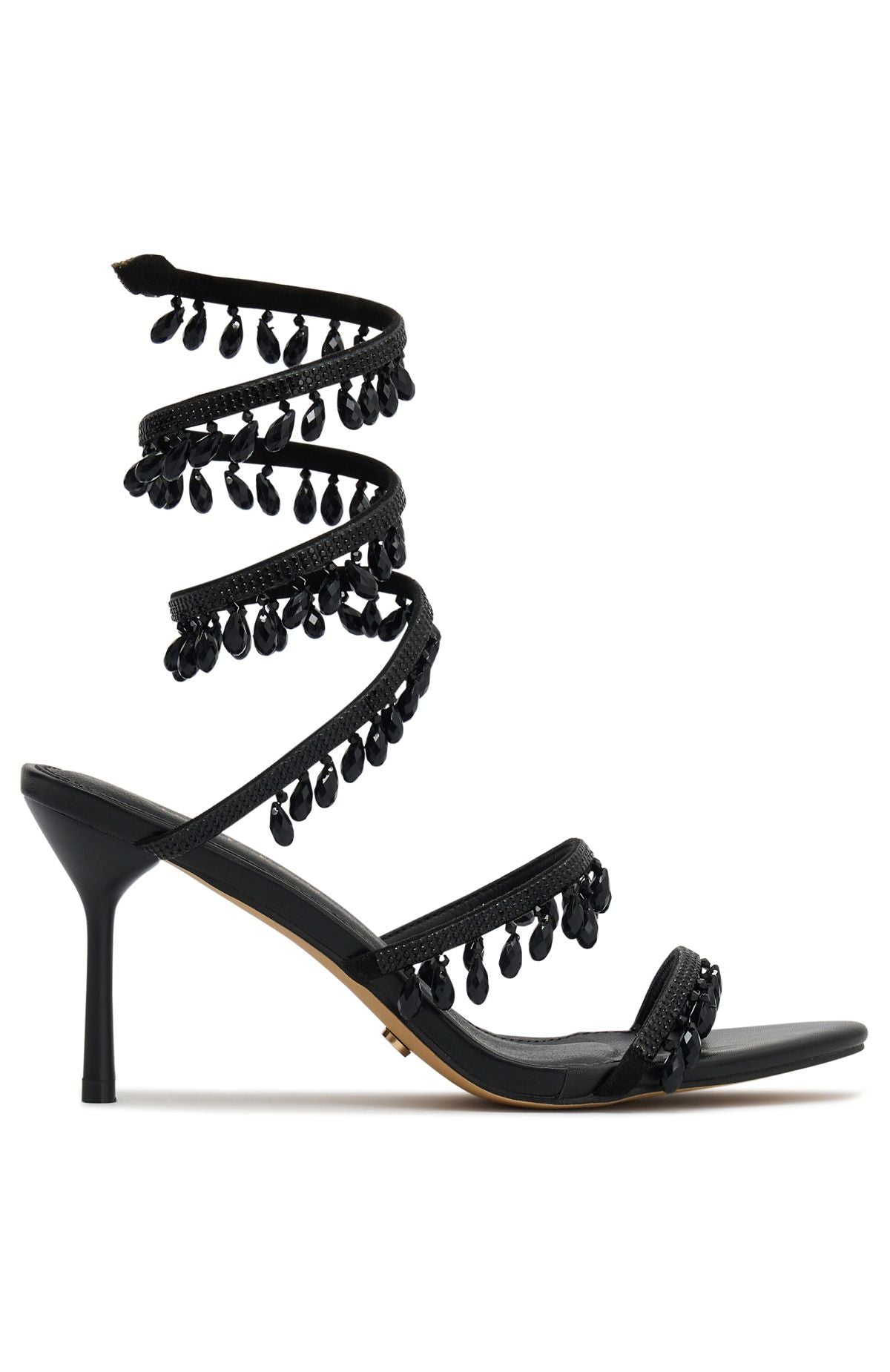 Soliel Black Crystal Wrap Heels with Ankle Strap - 8.5cm
