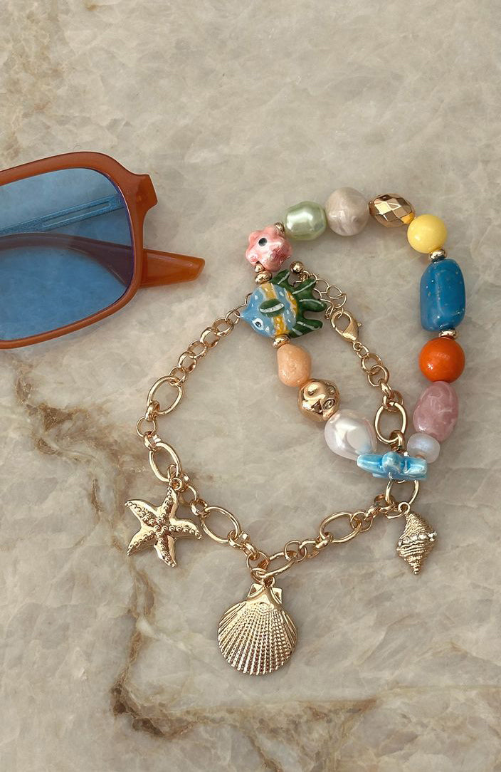Everest Gold Beaded Charm Bracelet Set - Adjustable & Elasticated
