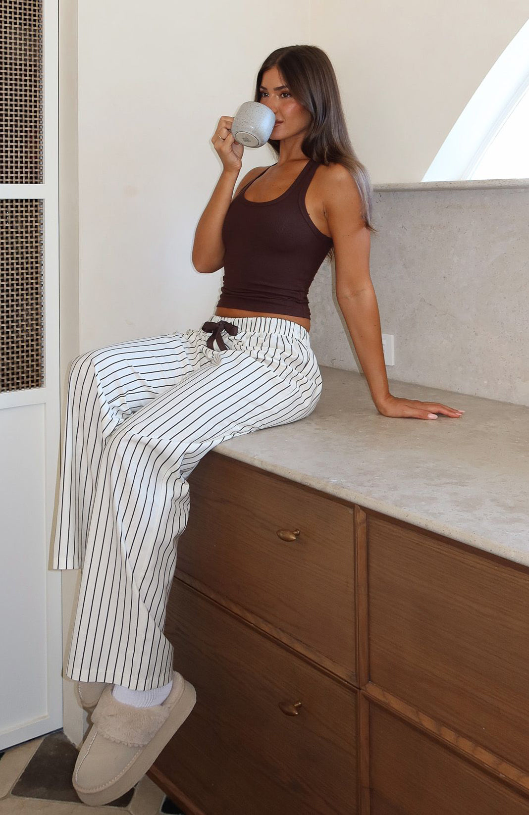 Sweetheart Striped Pyjama Pants - Cream & Chocolate
