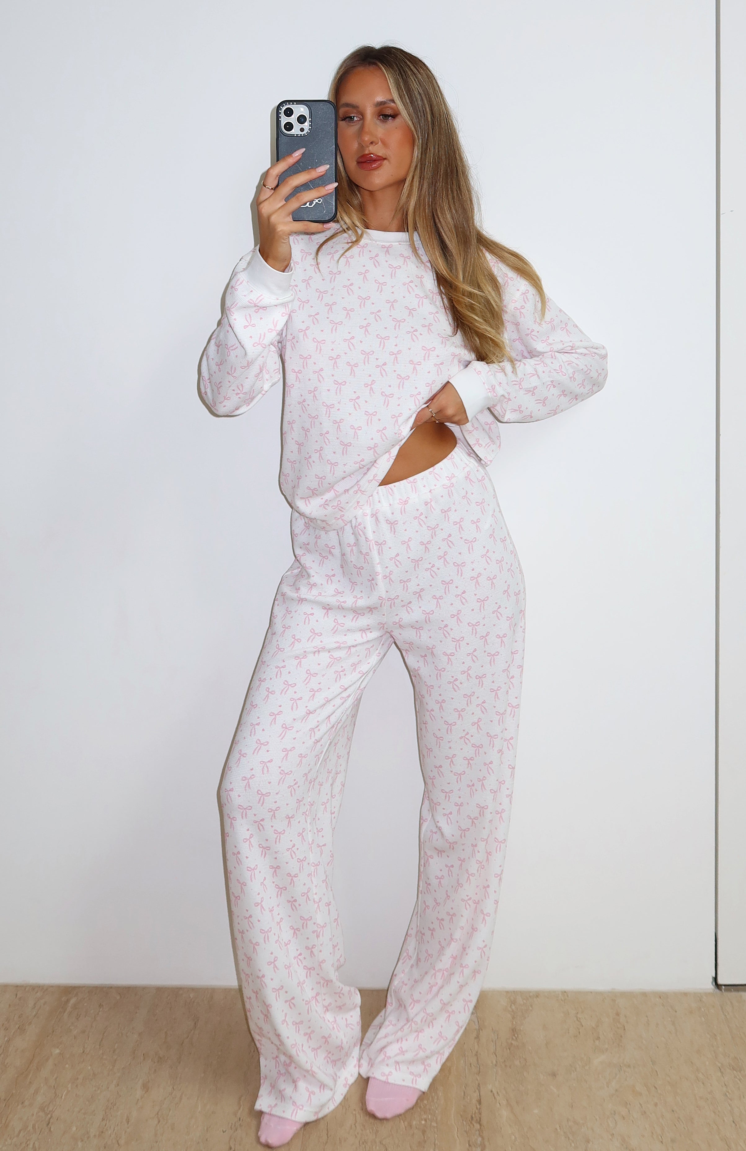 Women's Long Sleeve Bow Print Pyjama Set - Cotton Blend Sleepwear