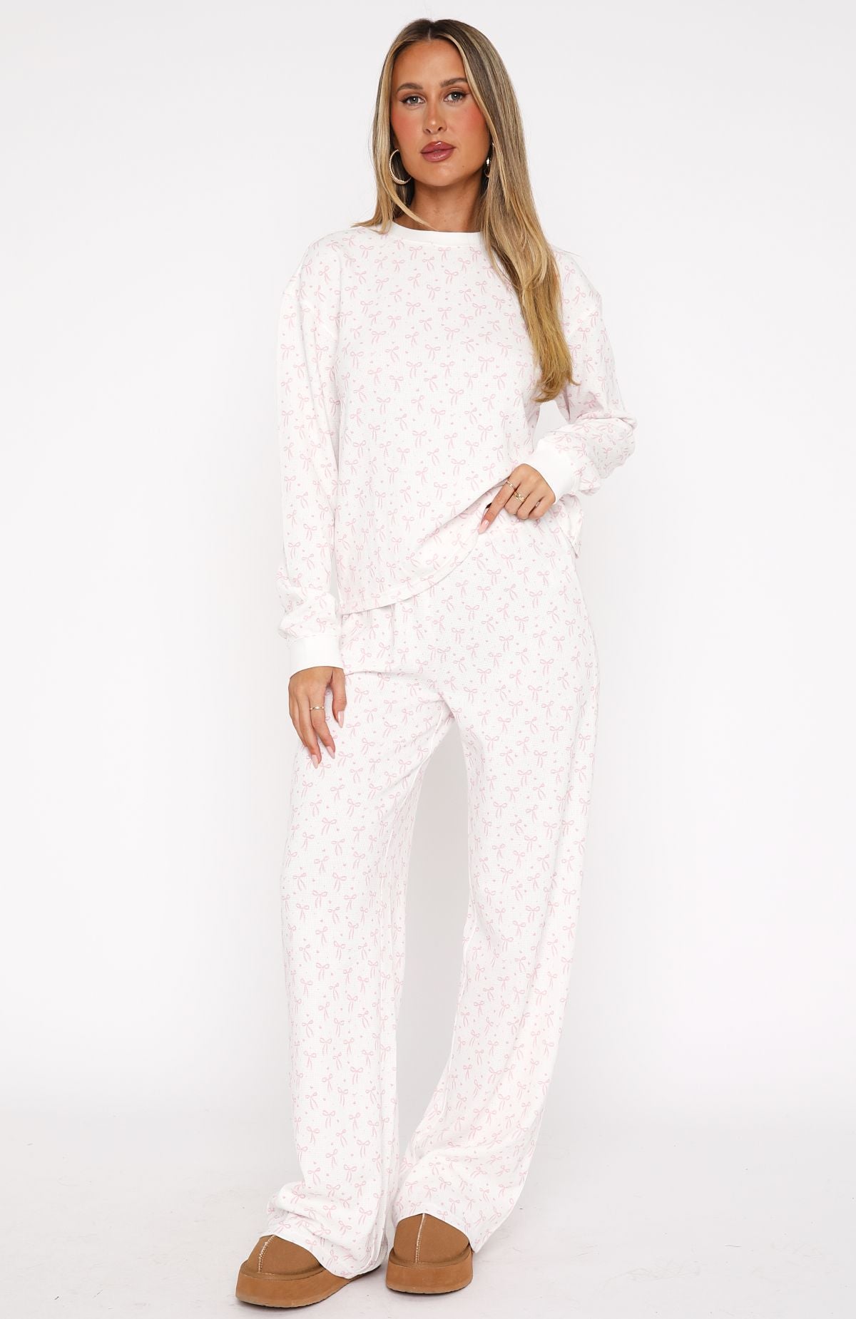 Women's Long Sleeve Bow Print Pyjama Set - Cotton Blend Sleepwear