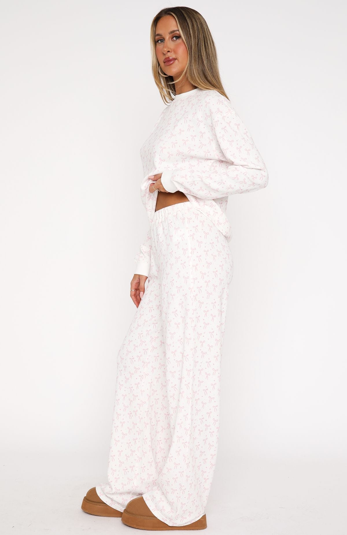 Women's Long Sleeve Bow Print Pyjama Set - Cotton Blend Sleepwear