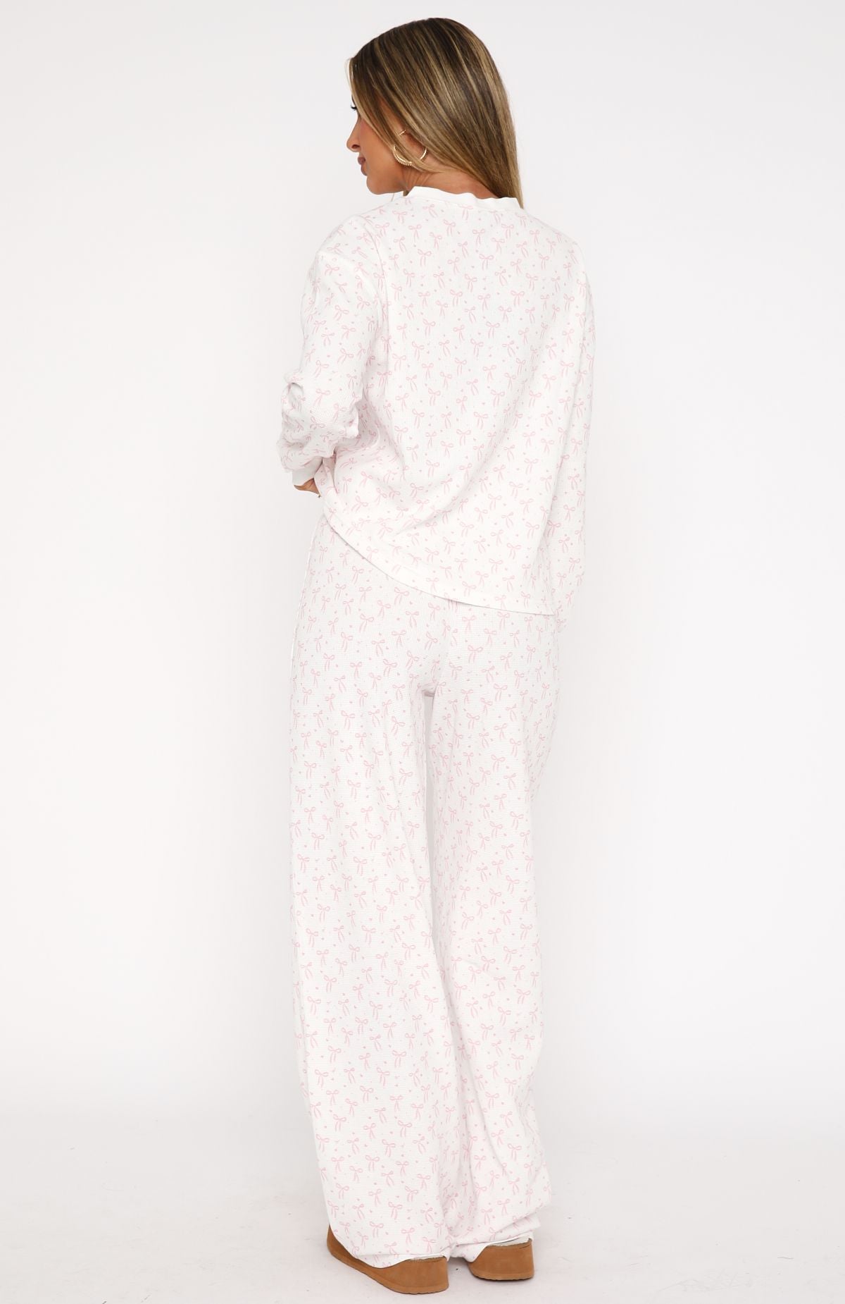 Women's Long Sleeve Bow Print Pyjama Set - Cotton Blend Sleepwear