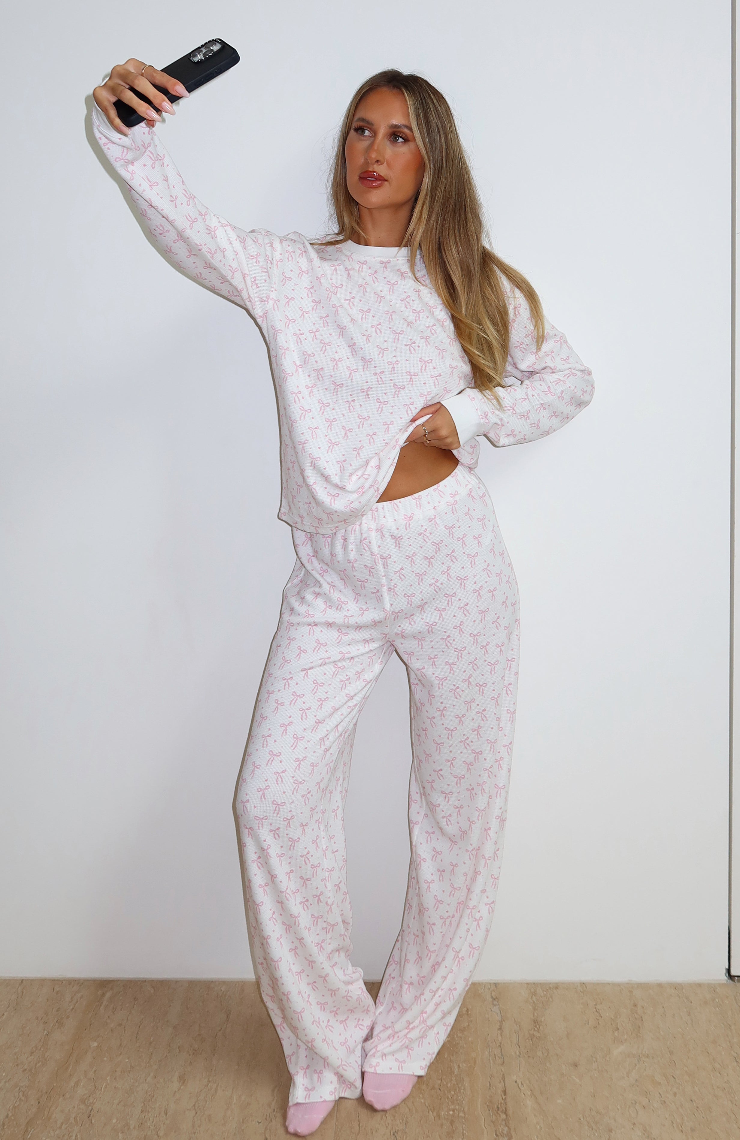 Women's Long Sleeve Bow Print Pyjama Set - Cotton Blend Sleepwear