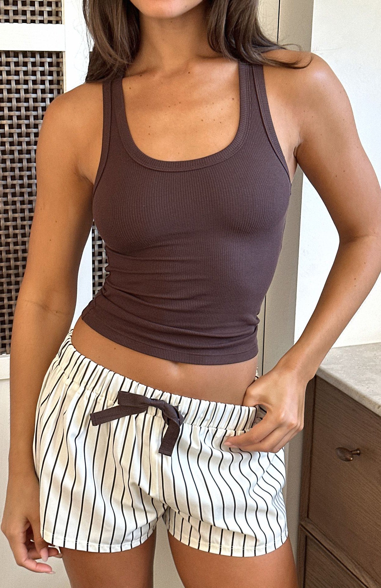Cream & Chocolate Striped Sweetheart Pajama Shorts