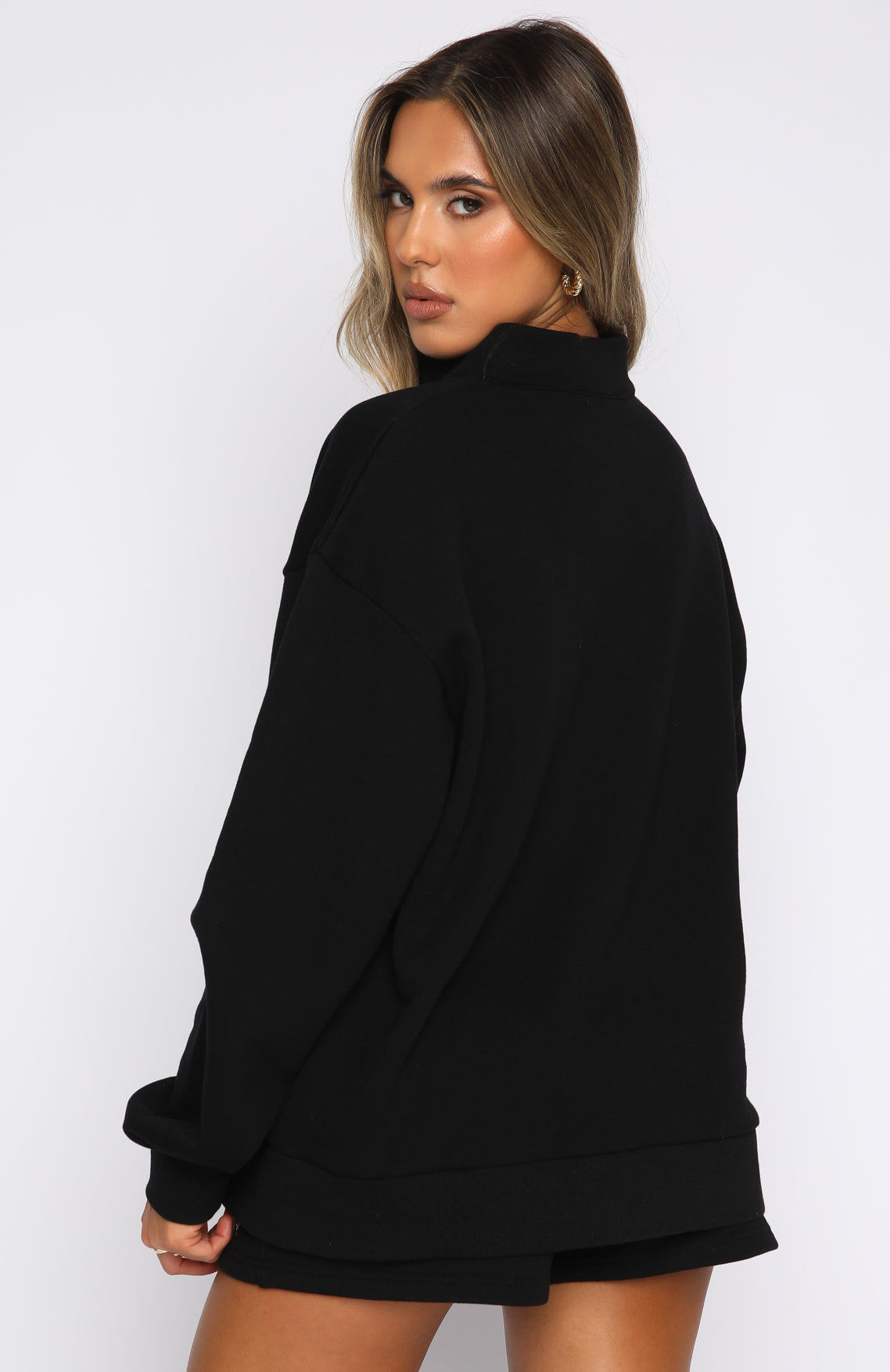 Oversized Zip Front Sweater - Black Cotton Lounge Wear